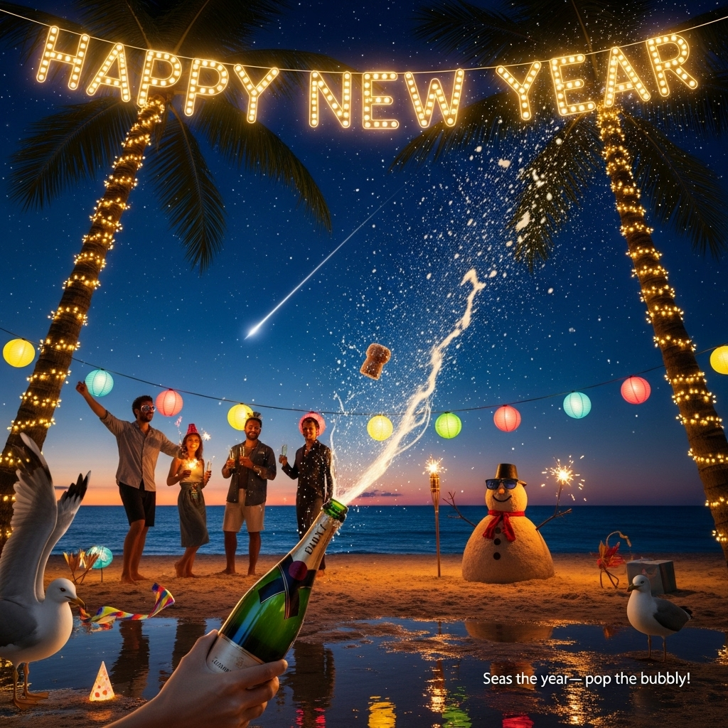 At the top of the Photorealistic picture taken from a camera image, HAPPY NEW YEAR

Ultra-high-definition 4K UHD photorealistic night photograph of a tropical beach New Year’s party under tall palm trees wrapped in warm fairy lights; giant warm-white string-light letters hung between two palms at the top spell HAPPY NEW YEAR; a deep indigo sky filled with crisp stars and a vivid meteor shower (bright shooting stars streaking downward) over the ocean horizon; foreground focus on a champagne bottle mid-pop with the cork frozen in flight and sparkling spray caught in the light, crystal droplets glinting; midground silhouettes of laughing friends clinking flutes and waving sparklers; a playful sand snowman with sunglasses near a tiki torch; a cheeky seagull photobombing at the edge of frame, eyeing a party horn in the sand; colorful paper lanterns, soft bokeh from string lights, reflections shimmering on wet sand; natural skin tones, lifelike textures of sand, palm bark, condensation on glass; accurate lighting with warm highlights from lanterns and cool moonlit shadows; captured on a full-frame camera, 35mm lens, f/2.8, ISO 800, rear-curtain sync to freeze the champagne while retaining subtle star streaks; high dynamic range, rich depth of field, funny and celebratory mood. Add a tiny, cheeky caption at the bottom right in a handwritten-in-the-sand style: “Seas the year—pop the bubbly!”
Generated with these themes: Beach new years party, palm trees, stars falling from the sky, popping champagne, beautiful lights,, HAPPY NEW YEAR, and .
Made with ❤️ by AI.