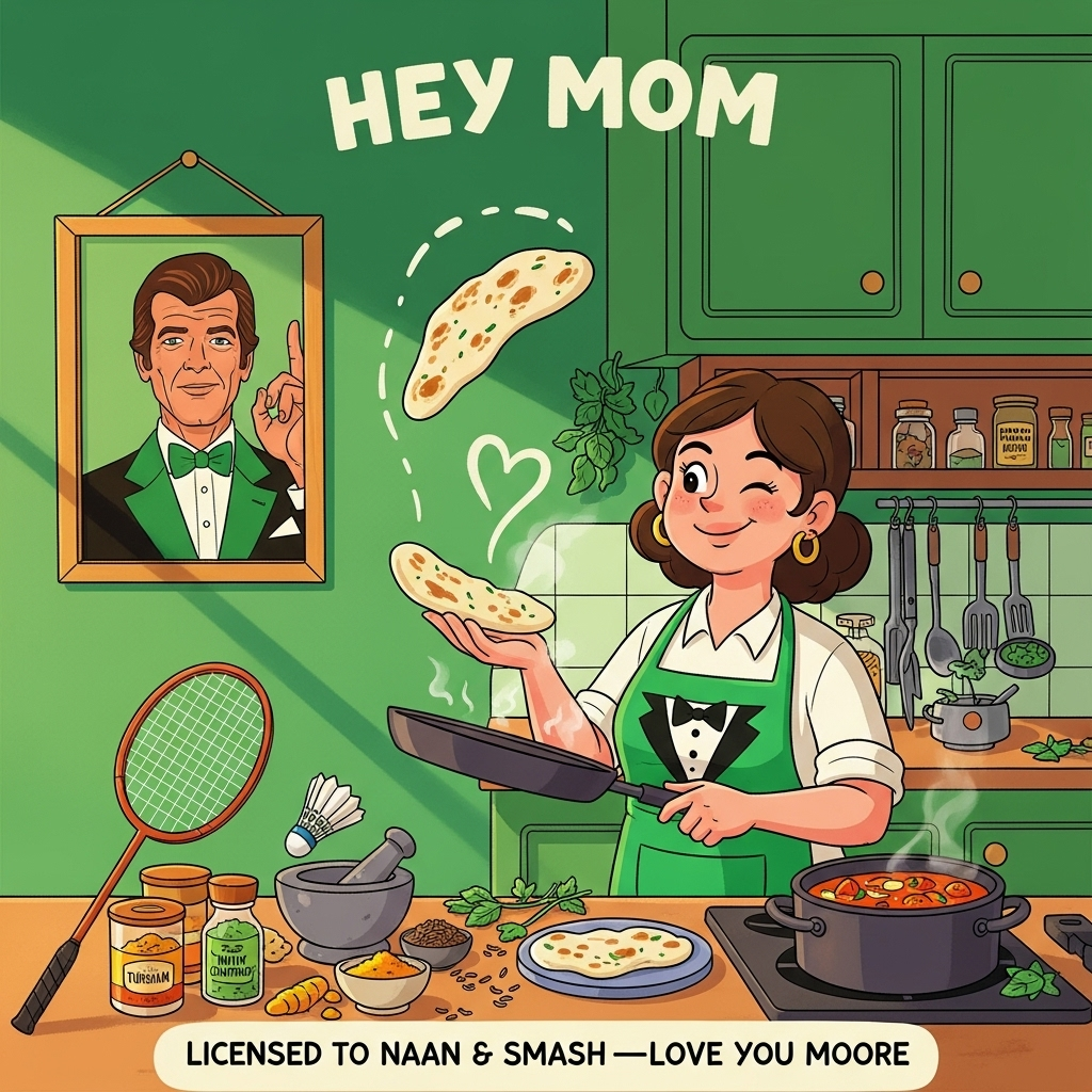 At the top of the Cartoon Style image, Hey mom

Playful, sincere cartoon scene with exaggerated proportions, thick outlines, bright saturated colors, and whimsical, energetic poses. A warm, sunlit kitchen drenched in lush shades of green: emerald walls, leafy herbs, mint-chutney accents. Center stage: a loving mom in a cheerful green apron (subtle tuxedo bow-tie pattern as a wink), smiling gently as she flips a puffed naan high from a sizzling pan; the naan arcs in a dotted, badminton-like trajectory, steam curling into a soft heart. On the counter: vibrant Indian spices (turmeric, cumin, cardamom), a mortar and pestle, and a fresh pot of curry. A badminton racket leans against the counter and a shuttlecock perches playfully atop a spice tin. On the wall, a framed, stylized cartoon poster of Roger Moore with his signature raised eyebrow and tux (’70s suave, green-tinted, no logos), adding a classy nod without stealing focus. Cozy sunlight, warm highlights, and gentle vignetting heighten the heartfelt mood. Hand-letter “Hey mom” in chunky cream letters with a subtle green shadow.

Add a small caption at the bottom in friendly hand-lettering: Licensed to naan & smash—love you Moore!
Generated with these themes: Roger moore, Indian Cooking, Badminton, Green, and .
Made with ❤️ by AI.