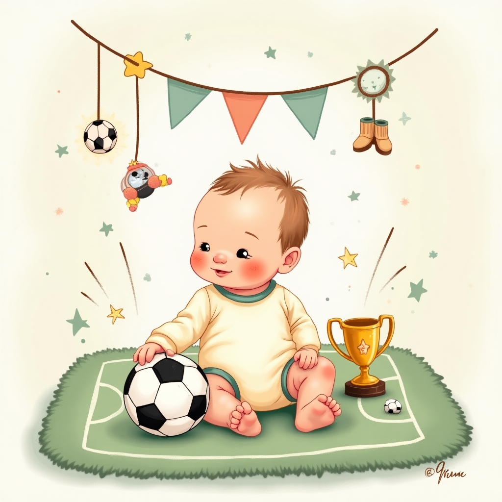 At the top of the Illustration Style image, "Bella's first kick-off!"

Hand-drawn, cute newborn-and-soccer scene in a warm, expressive palette. Center: a chubby-cheeked baby in a soft cream onesie with forest-green trim sits on a plush pastel-green rug shaped like a tiny soccer pitch with stitched white lines. The baby’s tiny foot gently taps a small, friendly black-and-white soccer ball; add tiny motion lines and twinkly star doodles to suggest the very first kick. Above, a curved paper bunting and a mobile of mini soccer balls and stars create a cozy arch. Nearby: a plush trophy with a star, knitted booties, and a pacifier shaped like a little referee whistle. Background: airy nursery glow with soft morning light, subtle bokeh confetti, and visible paper-grain texture. Style: fine linework, textured brush strokes, ink-and-gouache feel, balanced composition, rounded shapes, rosy cheeks, big expressive eyes, soft vignette, generous negative space. Warm color palette: buttercream, blush pink, sage green, sky blue, honey gold. Portrait, full-bleed, high detail. Hand-letter the caption in playful brush script that gently curves along the bunting. No extra text or logos.
Generated with these themes: Babies, Soccer , and .
Made with ❤️ by AI.