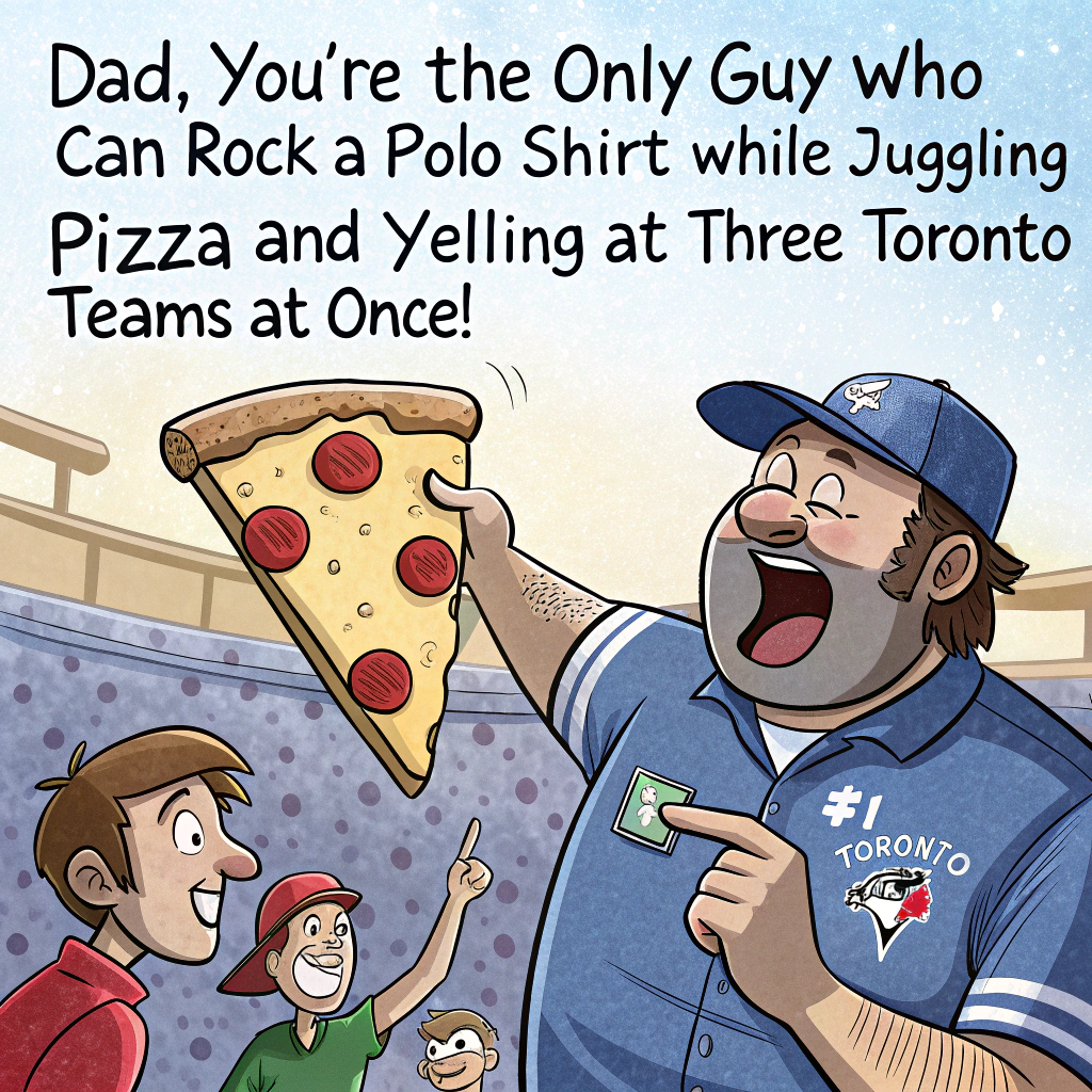 At the top of the image, "Dad, you're the only guy who can rock a polo shirt while juggling pizza and yelling at three Toronto teams at once!"

– The central image is a hilarious cartoon scene:  
Dad, with an epic Dad-bod proudly tucked into a boldly patterned polo shirt, is mid-bite into a gigantic, cheesy pizza slice. He’s got a foam finger on one hand that says “#1 Toronto Fan.”  
Behind him, chaos unfolds:  
- A Blue Jays mascot pitches a baseball straight at a pizza box.  
- A Raptors player is slam-dunking... into a giant marinara sauce bowl.  
- A Maple Leafs player is dramatically skating across the kitchen floor holding a pizza cutter like a hockey stick.  

Floating toppings fly everywhere—pepperoni lands on Dad’s shoulder like a victory badge. He’s laughing maniacally as mozzarella strings from his slice stretch halfway across the scene.  

Add a birthday balloon shaped like the CN Tower drifting in the background with “LEVEL UP, DAD!” on it.  

Mood: Utterly chaotic. Totally Dad. Ridiculously funny.
Generated with these themes: Pizza, Polo Shirt, Toronto Blue Jays, Toronto Raptors, and Toronto Maple Leafs.
Made with ❤️ by AI.