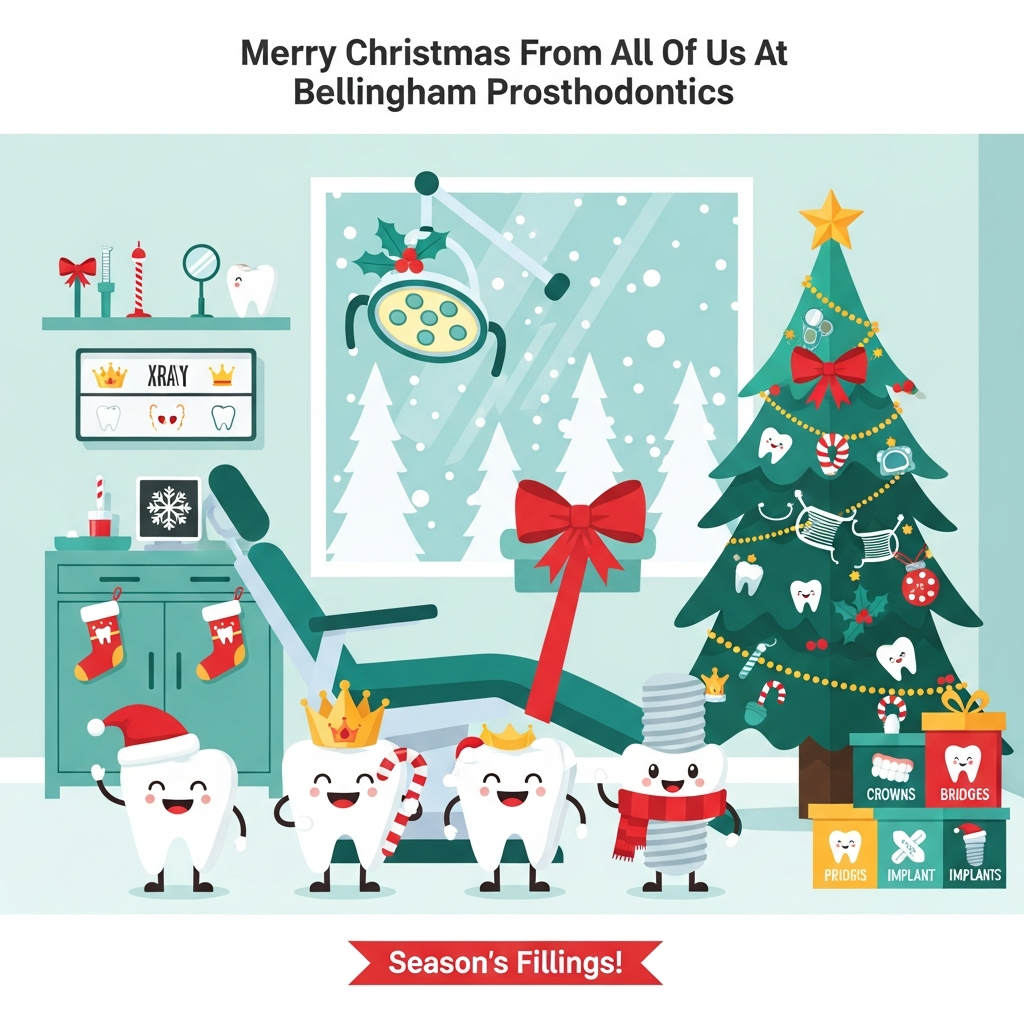 At the top of the Vector Style image, "Merry Christmas From All Of Us At Bellingham Prosthodontics"

A cute, clean flat-vector holiday scene inside a bright prosthodontic dental office. Center stage: three smiling tooth characters—a jolly molar wearing a shiny gold dental “crown” with a tiny Santa hat, a friendly incisor holding a candy cane, and a cheerful implant character bundled in a scarf—waving to the viewer. A teal dental chair is wrapped with a big red bow; the overhead exam light wears holly and a bow. To the side, a modern pine tree decorated with floss garland, tiny mirror-and-probe ornaments, tooth and crown icons, and a gold crown-shaped star. Cabinets with tooth-shaped stockings, a lightbox showing a snowflake “x-ray,” and neatly labeled gift boxes (crowns, bridges, implants) with playful icons. A frosty window reveals snowy pines and soft falling snow. Palette: winter mint, icy teal, pine green, candy-cane red, snow white, and warm gold; crisp lines, solid color blocks, minimal gradients, soft geometric shadows. Composition is bright, friendly, and balanced with ample negative space for a fresh modern look. Typography for the header is bold, rounded sans-serif with subtle candy-cane accents, centered and cheerful.

At the bottom in a small ribbon, add the single-line caption: Season’s Fillings!
Generated with these themes: Prosthodontic Dental Office, and .
Made with ❤️ by AI.