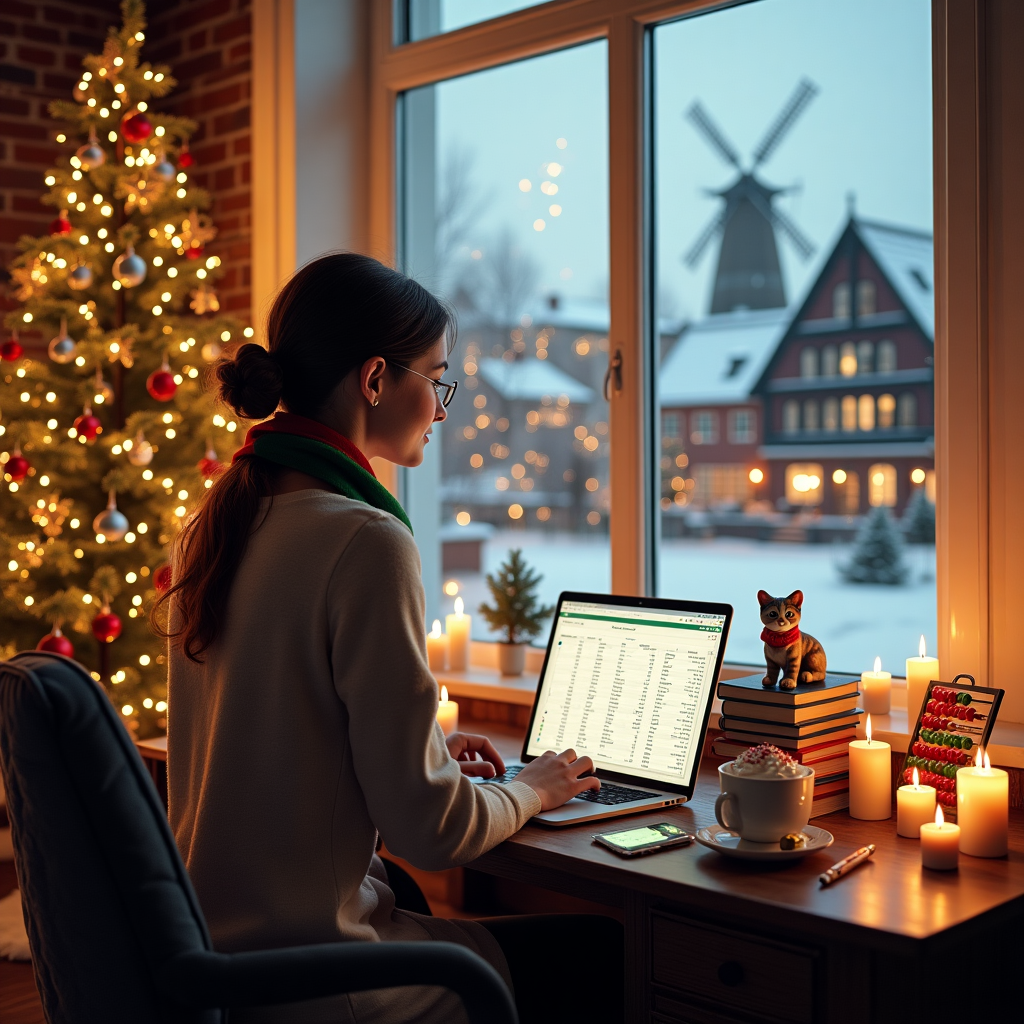 Christmas accounting girl in hollandd with laptop mobile and christmas three and bells Christmas Card