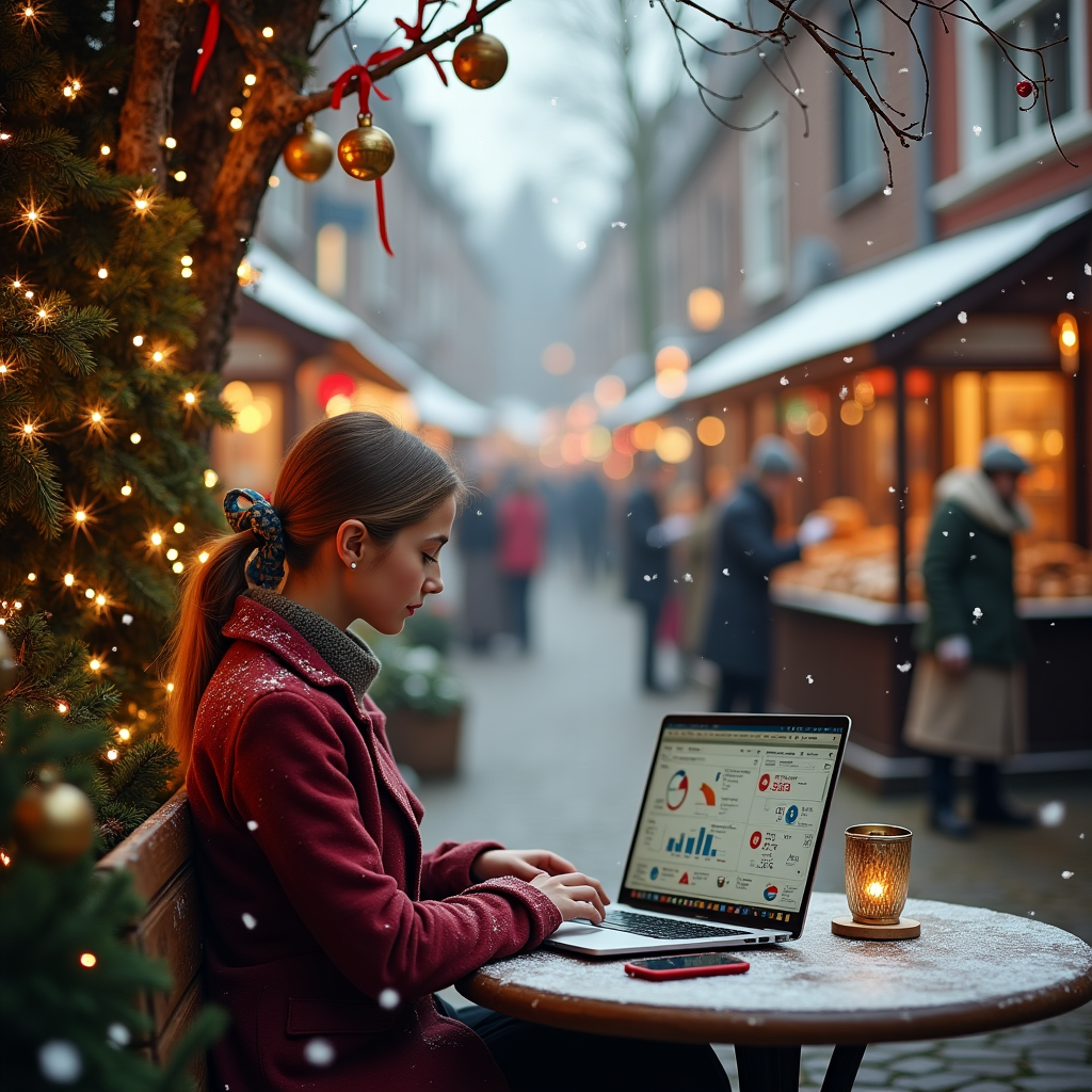 In the charming streets of a Dutch village, where the traditional red-bricked buildings lean with a cozy, old-world whimsy, a young accounting girl is seated at a vintage wooden café table set under the gentle sway of twinkling fairy lights. This café is nestled at the base of an enormous, elaborately decorated Christmas tree that towers over the bustling cobblestone square. The girl, clad in a classic Dutch winter ensemble complete with clogs, is focused on her laptop which is covered in quirky holiday stickers. The screen displays rows of colorful graphs and numbers—a nod to her passion for accounting. Perched beside her is a smartphone glowing with notifications of festive financial inquiries. Around her, the air is filled with the delicate chime of Christmas bells, each tied with red ribbons to the bare branches of willow trees swaying nearby. Behind her, the background shows a lively scene with jolly villagers in period-appropriate outfits enjoying winter festivities, such as ice skating on a nearby canal and browsing at a quaint wooden market stall brimming with traditional Dutch pastries. The scene is completed by the gently falling snowflakes, capturing the joyful hustle and creating a tableau where tradition meets the digital world of accounting, all under the harmonious jingling of bells.
Generated with these themes: christmas accounting girl in hollandd with laptop mobile and christmas three and bells.
Made with ❤️ by AI.