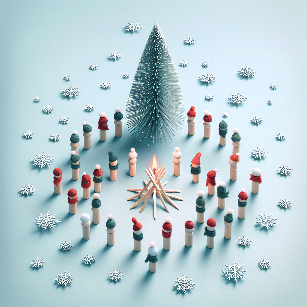 A minimalist winter wonderland with small matchstick men donned in festive scarves and tiny Santa hats, clustered around a simplistic yet elegant pine tree shaped by a few crisp lines. Softly falling snowflakes, each a unique geometric shape, add a touch of whimsy to the serene scene.
Generated with these themes: matchstick men .
Made with ❤️ by AI.