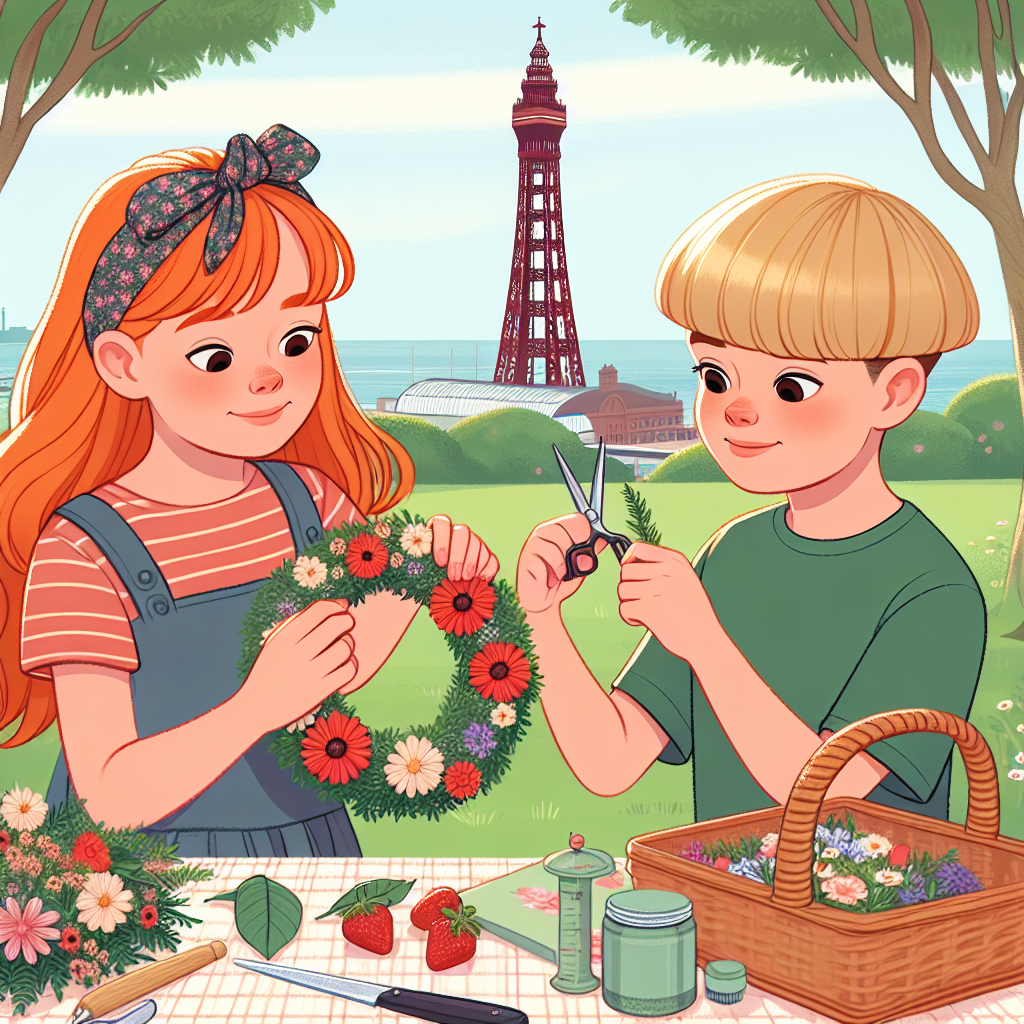 Girl with long red hair, Boy with blond bowl cut hair, and Blackpool Mothers-day Card