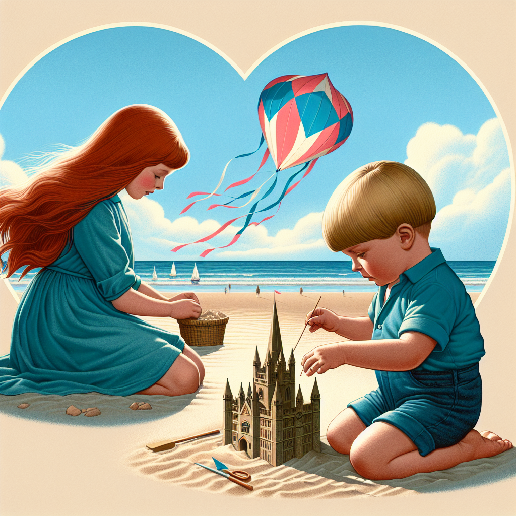 Create a touching Mother's Day-themed illustration that portrays an endearing tableau at Blackpool beach. On one side, a Caucasian girl with her long red hair being moved gently by the sea breeze is deeply engrossed in building a sandcastle. Symbolizing innocence and familial love, she is immersed in sculpting the perfect homage to her mother. Not too far from her, a Caucasian boy sporting a blond bowl cut is releasing a kite up into the ethereal blue sky. The kite is not just any ordinary kite. It's uniquely shaped like a heart, symbolizing abundant love and gratitude for mothers around the globe.
Generated with these themes: Girl with long red hair, Boy with blond bowl cut hair, and Blackpool.
Made with ❤️ by AI.