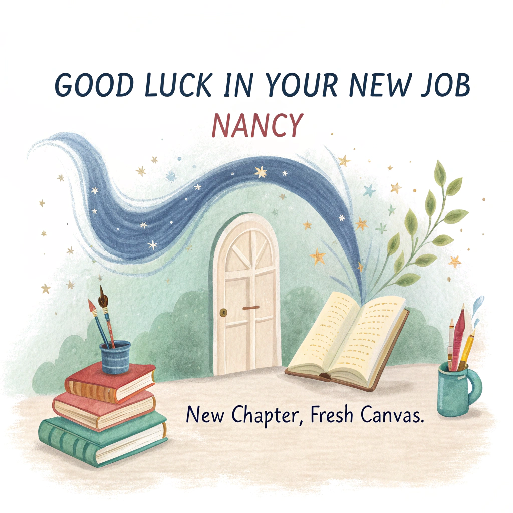 At the top of the Watercolor Style image, "Good Luck in Your New Job Nancy"

At the bottom of the image, "New chapter, fresh canvas."

In the center, illustrate a serene watercolor scene that blends Books and Art: an open hardback book whose pages dissolve into flowing brushstrokes of indigo and sage, curling upward toward a softly glowing doorway formed by negative space—symbolizing a hopeful new beginning. To the left, a gentle stack of well‑loved books with ribbon bookmarks; to the right, a glass jar of paintbrushes and a wooden palette dotted with ultramarine, blush rose, warm ochre, and soft greens. Add a small framed sketch leaning nearby and a few loose pages drifting like leaves.

Use soft watercolor washes, delicate gradients, subtle pigment blooms, and natural cold‑pressed paper texture for an airy, organic feel. Keep contours minimal, edges feathered, and the mood sincere and calm. Render the top headline in large, hand‑painted brush lettering (deep indigo with gentle feathering), and the bottom line in a smaller, warm‑sienna brush script. Leave generous negative space around both text lines for clarity and balance.
Generated with these themes: Books, Art, and .
Made with ❤️ by AI.