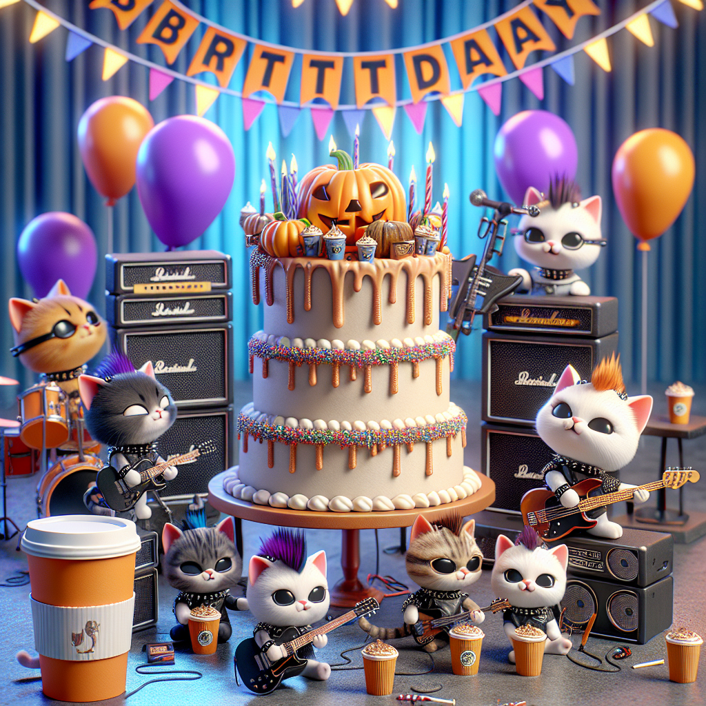 Render a lively scene depicting a cartoon-style birthday party with a rock music theme. The focus of the image should be a group of adorable cats sporting unique, edgy hairstyles and studded collars, engaged in playing electric guitars and drums. To set the ambient mood, populate the background with a column of amplifiers interlaced with vibrant celebratory streamers. In the foreground, craft a large birthday cake garnished with imagery of pumpkin spice lattes beside a miniaturized cartoon coffee shop stand, staffed by cute feline baristas. These cat baristas are seen serving hot cups of the popular autumnal drink to the eager kitty attendees.
Generated with these themes: Rock music, Cats, Pumpkin spice latte, and Starbucks.
Made with ❤️ by AI.