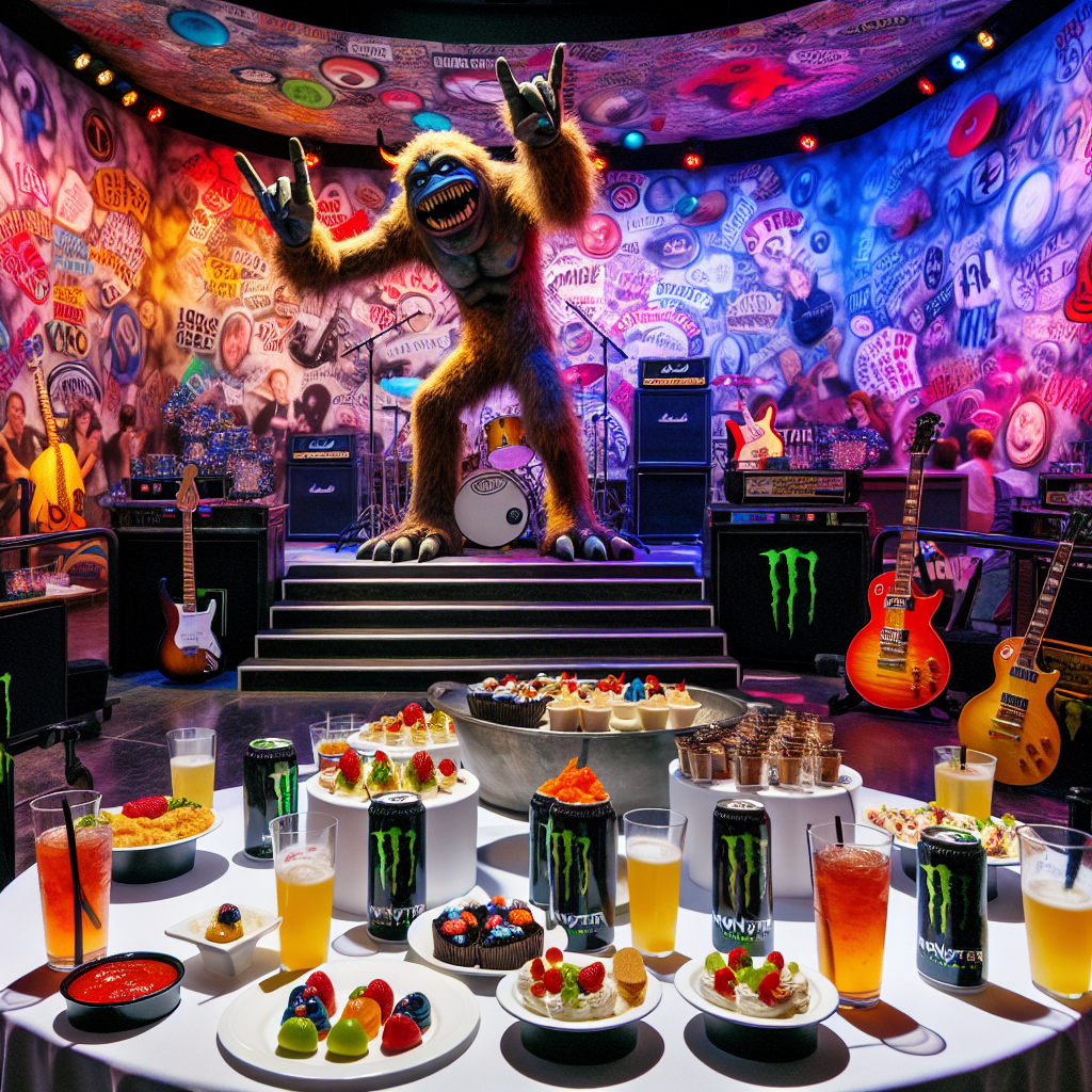 Imagine a lively birthday party situated in an intriguing universe dominated by the atmosphere of rock music. The room is adorned with colorful, graffiti-style murals showcasing drum sets and electric guitars, embodying a sense of vibrancy and energy. An array of food items representing a concert of distinct tastes is spread along the buffet table, each named after iconic figures of rock. The party's special beverage is a unique concoction labeled 'Monster Mix', a cocktail that incorporates the popular Monster Energy drink as its star ingredient. Laughter and the sound of clinking glasses echo throughout the room. An animatronic creature, symbolizing a mascot of the Monster Energy drink, merrily roams the venue, mingling with the attendees and adding a thrilling dynamic to the event.
Generated with these themes: Rock music, Food, and Monster energy drink.
Made with ❤️ by AI.