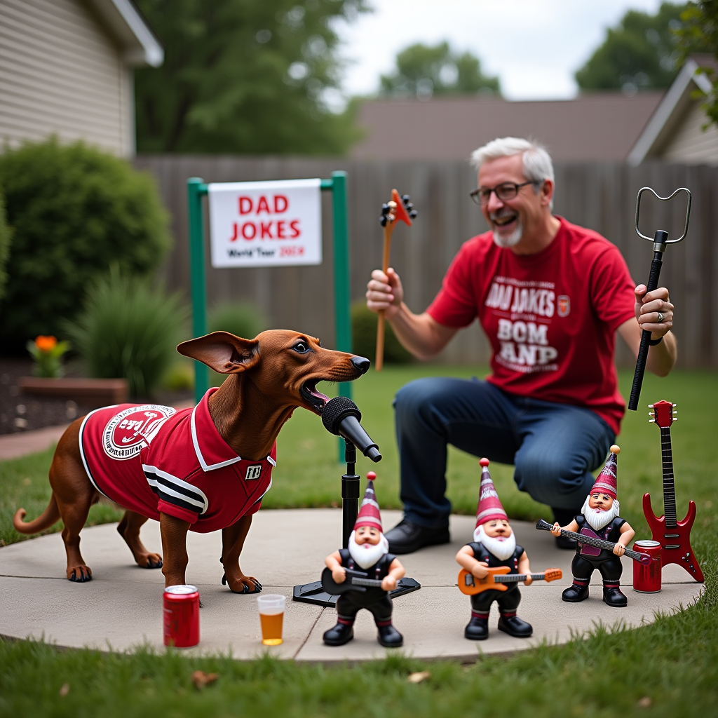 **Image Prompt:**  
*A realistic photograph of a scene in a suburban backyard where a dachshund wearing a miniature Tranmere Rovers football jersey is dramatically howling into a toy microphone on a tiny stage. Surrounding him are inflatable guitars, empty cans of dad-approved ale, and lawn gnomes painted like Linkin Park band members rocking out in a very serious plastic-mosh. Behind the stage is a banner that reads “Dad Jokes World Tour 2024”. In the corner, a slightly bewildered middle-aged man (Scott) in full fan gear — half Tranmere Rovers, half Linkin Park merch — is holding a BBQ fork like a mic stand, laughing at his own t-shirt that reads: “I Tried So Hard… But The Grill Got Hot”.*

**At the top of the realistic photograph image:**  
🎉 "Happy BARKday, Scott — You Tried So Hard, Got So Fur!"
Generated with these themes: Linkin Park, Dad Jokes, Dachshund, and Tranmere Rovers Football club .
Made with ❤️ by AI.