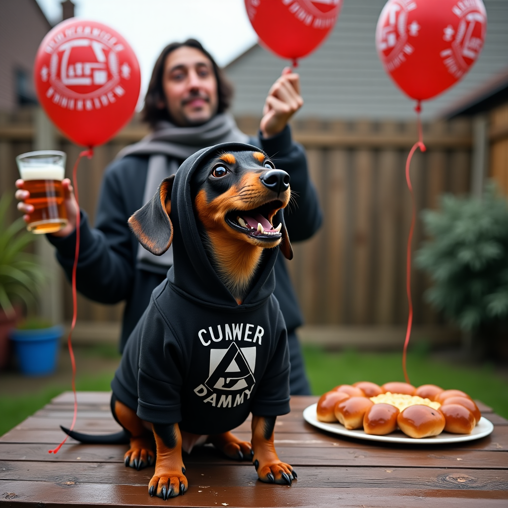 **Prompt:**

At the top of the realistic photograph image, **"Happy Bark-Day Scott – Crawling in My Fur!"**

Create a highly realistic, humorous birthday-themed photograph showing a dachshund dressed in full emo rocker gear — tiny black hoodie, little piercings on a dog-safe cap, and a faux Linkin Park T-shirt. The dog is howling dramatically on a miniature stage, surrounded by birthday balloons with Tranmere Rovers FC logos on them. Behind the dog, there’s a moody teenage dad (obviously Scott) with eyeliner, headbanging while holding a pint and wearing a scarf that says “Still Crawling, Still Winning.” The scene takes place in a slightly rainy backyard with a "Numb but Older!" banner fluttering in the breeze. There’s also a punny cake on a table nearby shaped like Prenton Park, but made entirely of sausage rolls. A speech bubble floats from the dachshund saying: “I tried so hard… not to eat your birthday cake.”
Generated with these themes: Linkin Park, Dad Jokes, Dachshund, and Tranmere Rovers Football club .
Made with ❤️ by AI.