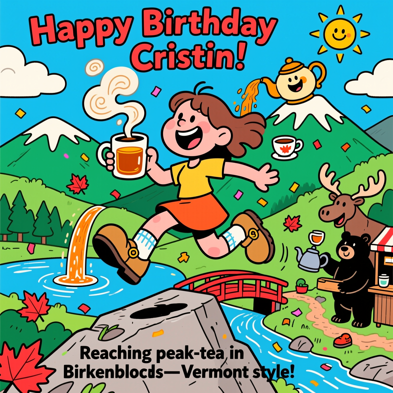 At the top of the Cartoon Style image, "Happy Birthday Cristin!"
At the bottom of the Cartoon Style image, "Reaching peak-tea in Birkenstocks—Vermont style!"

- Vertical, playful Cartoon Style scene with thick outlines and bright, saturated colors.
- Center: A joyous, big-headed cartoon Cristin in oversized tan Birkenstocks with socks, mid-leap on a rocky ridge. She’s holding a giant steaming mug of tea; the steam curls into whimsical swirls around her.
- Background: Vermont’s rolling Green Mountains with exaggerated, bouncy peaks. One summit is a smiling teapot pouring a maple-amber tea waterfall into a teacup-shaped lake below.
- Fun details: a red covered bridge over the tea stream; maple leaves confetti floating through the air; a goofy moose wearing Birkenstocks clinking a tiny teacup; a friendly black bear at a trail-side tea stand pouring from a kettle.
- Sky: vivid cyan with chunky clouds and a cheeky sun peeking over the peaks; dynamic motion swooshes to emphasize movement and laughter.
- Palette: punchy greens, warm amber tea, maple reds, and sky blues; bold black outlines with simple cel shading for a crisp, humorous finish.
Generated with these themes: Mountains, tea, Birkenstocks, Vermont, and .
Made with ❤️ by AI.