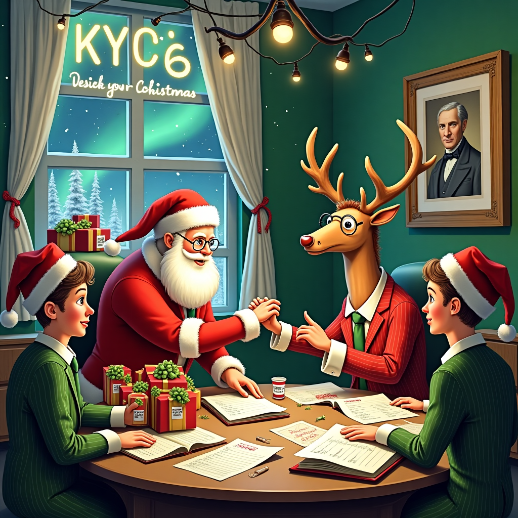 Picture a bustling North Pole office, whimsically rendered in the style of a Norman Rockwell meets Quentin Blake Christmas extravaganza. At the heart of this scene is a round, wooden table laden with a mountain of presents, their gift tags cleverly reading "KYC – Keeping Your Christmas", wrapped in papers adorned with tiny BNP Paribas logos. Elves dressed in pinstripe suits with festive red and green accents enthusiastically exchange files stamped "Approved" with Santa, who is donning his classic red suit, yet accessorized with a green visor and a cup of coffee.

In the background, an oversized ledger book is open, its pages filled with lists of naughty and nice, juxtaposed with compliance checklists marked with jolly holly and berries. The walls are lined with framed portraits of historical figures shaking hands, symbolizing the spirit of due diligence. Hanging above the scene, in the form of twinkling Christmas lights, the name "Despedimento Coletivo X 6" is festively spelled out in glowing letters, reminiscent of the northern lights, casting a warm glow over the entire tableau.

A quirky twist is added by a mischievous reindeer peeking through an office window, wearing spectacles and holding a magnifying glass, seemingly conducting its own audit. Snow gently falls outside, creating a picturesque winter wonderland that frames this delightful fusion of holiday cheer and playful homage to the world of compliance.
Generated with these themes: We love KYC in BNP Paribas!.
Made with ❤️ by AI.