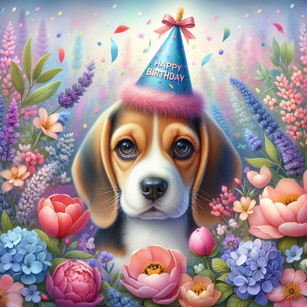 Beagle , and Flowers Birthday Card