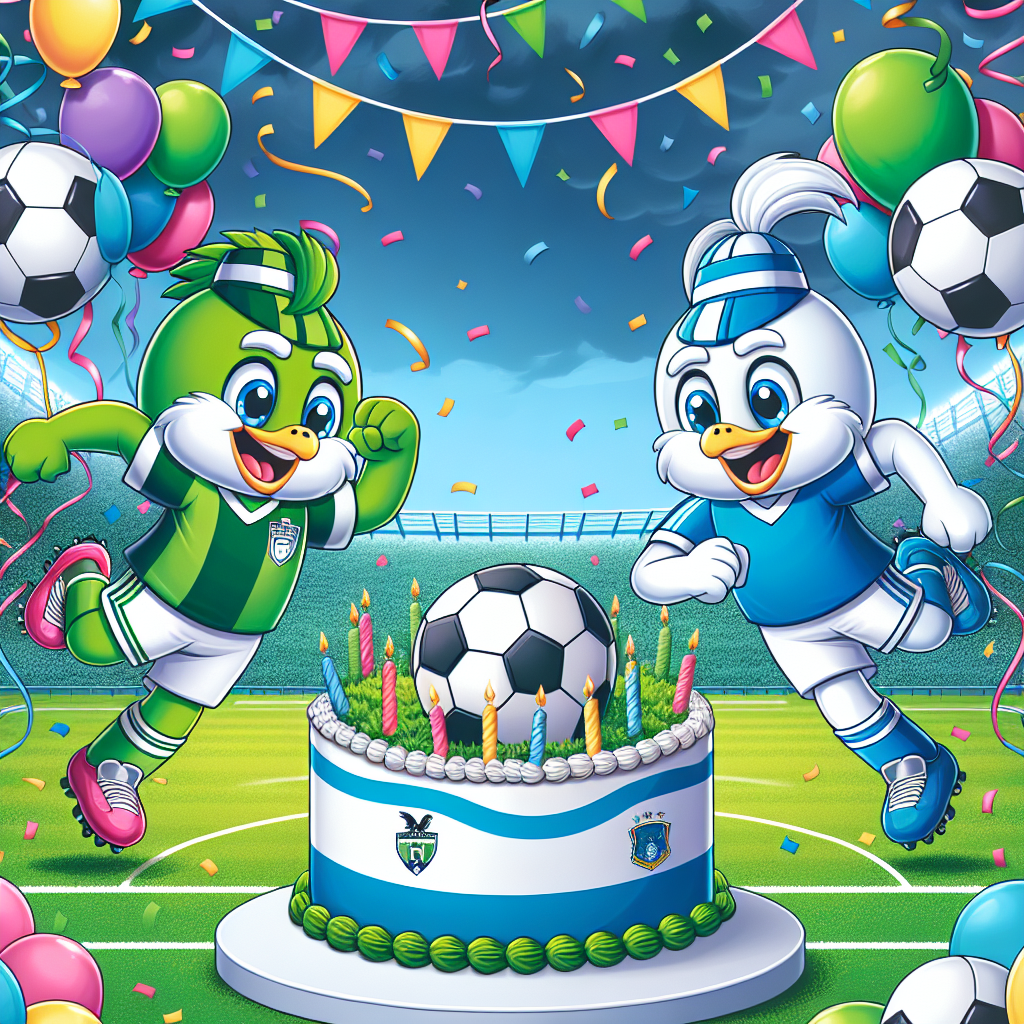 Create an image showcasing a cartoon-style scene with two football team mascots joyfully kicking a football amidst a vibrant backdrop of confetti and streamers, framed by a lush, green pitch. There are balloons in the shapes of football jerseys adding an adorable touch to the scenario. A cartoon cake decorated with generic, non-specific team colors and badges takes center stage, signifying a birthday celebration.
Generated with these themes: Queens Park Rangers, and Glasgow Rangers.
Made with ❤️ by AI.