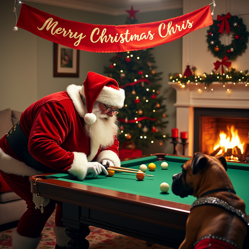 In the warm glow of a cozy living room, a quirky Christmas scene unfolds that will be the perfect eye-catcher for a greeting card. Santa Claus, looking rather dapper with his iconic red suit and bushy white beard, is poised with concentration at a snooker table. His jolly belly gently nudges the edge as he lines up a shot. Across the table, with her playful smile and cheeky wink, stands a striking lady dressed in a daring yet festive Santa lingerie outfit. Her red velvet corset, trimmed with white faux fur, matches her thigh-high stockings, and she adds a playful flair to the traditional Santa hat with a silver sparkle pom-pom.

At the side of the table, an inquisitive Boxer dog sits attentively, its big brown eyes wide with wonder as it observes the snooker game with a mix of curiosity and loyalty. The dog's shiny coat reflects the twinkling fairy lights that drape the mantle above a crackling fireplace, casting a soft glow across the room.

Hanging just above the table, a vibrant banner stretches from one end of the room to the other, with the words "Merry Christmas Chris" elegantly scripted in shimmering gold letters, catching the light and drawing attention to the festive message. A decorative wreath, adorned with red ribbons and silver bells, hangs prominently on the wall behind, and a small Christmas tree, festooned with colorful baubles and tinsel, stands proudly in the corner, its star topper twinkling as brightly as the playful spirit in the room. This scene perfectly captures a whimsical holiday gathering, combining traditional elements with unexpected twists that make it truly unique.
Generated with these themes: Santa, Boxer dog, Sexy lady in Santa outfit, Snooker, and Santa playing snooker with boxer dog and sexy lady in Santa lingerie and Merry Christmas Chris banner.
Made with ❤️ by AI.