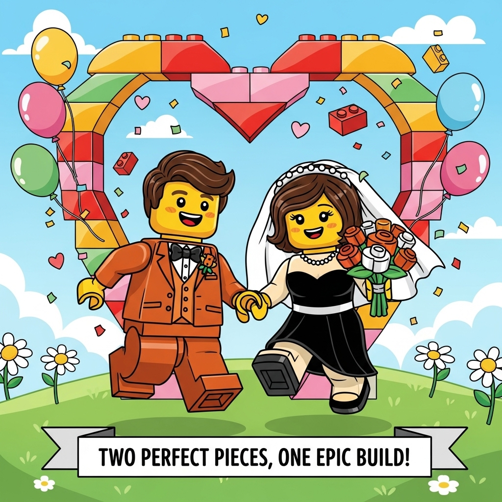 At the top of the Cartoon Style image, Bryson & Izzy Byers Connected Forever

A cute, playful cartoon wedding scene with bright, saturated colors, thick black outlines, and whimsical, energetic poses. Centered, full-body LEGO-style minifigure couple: groom in a burnt orange suit (crisp jacket, black bow tie, white shirt, orange boutonniere) and bride in a sleek black dress with a flowing white veil, holding a petite bouquet of white-and-orange brick-like flowers. They’re mid-jump, hand-in-hand, feet kicked out, big smiles, rosy cheeks, glossy plastic shine, simple expressive minifigure faces. Behind them, a heart-shaped arch built from shiny toy bricks (oranges, pinks, reds) frames the couple; pastel balloons, confetti hearts, and tiny bricks swirl around. Background: soft sky-blue gradient with puffy clouds and sunbeams, a cheerful grassy hill dotted with oversized daisies. Composition: portrait orientation, large characters dominating the frame, bold outlines, minimal clutter, ultra-cute mood.

Add small secondary text at the bottom on a ribbon banner in a playful rounded font: Two perfect pieces, one epic build!
Generated with these themes: Lego Groom in burnt orange suite bride in black dress, and .
Made with ❤️ by AI.