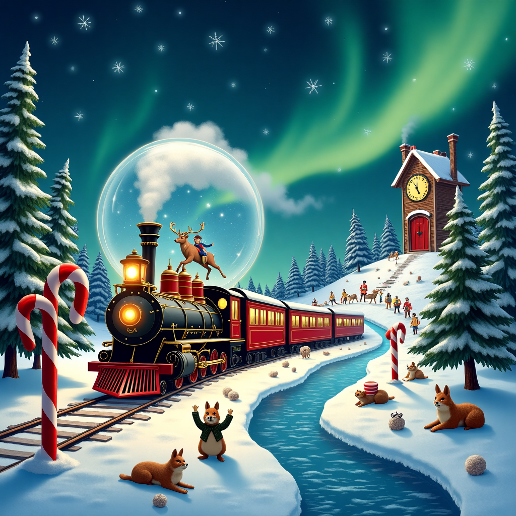 Polar express through snowy scenery Christmas Card
