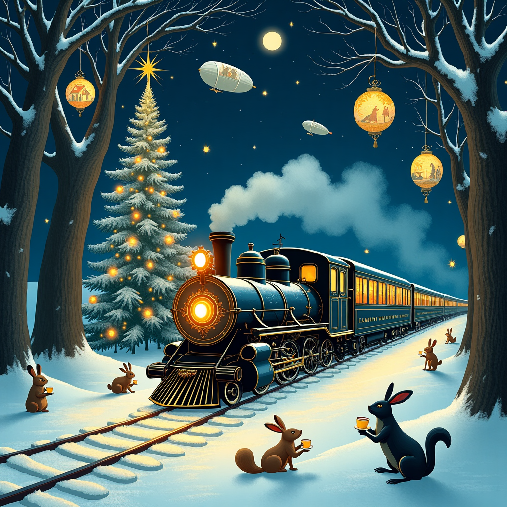 Polar express through snowy scenery Christmas Card