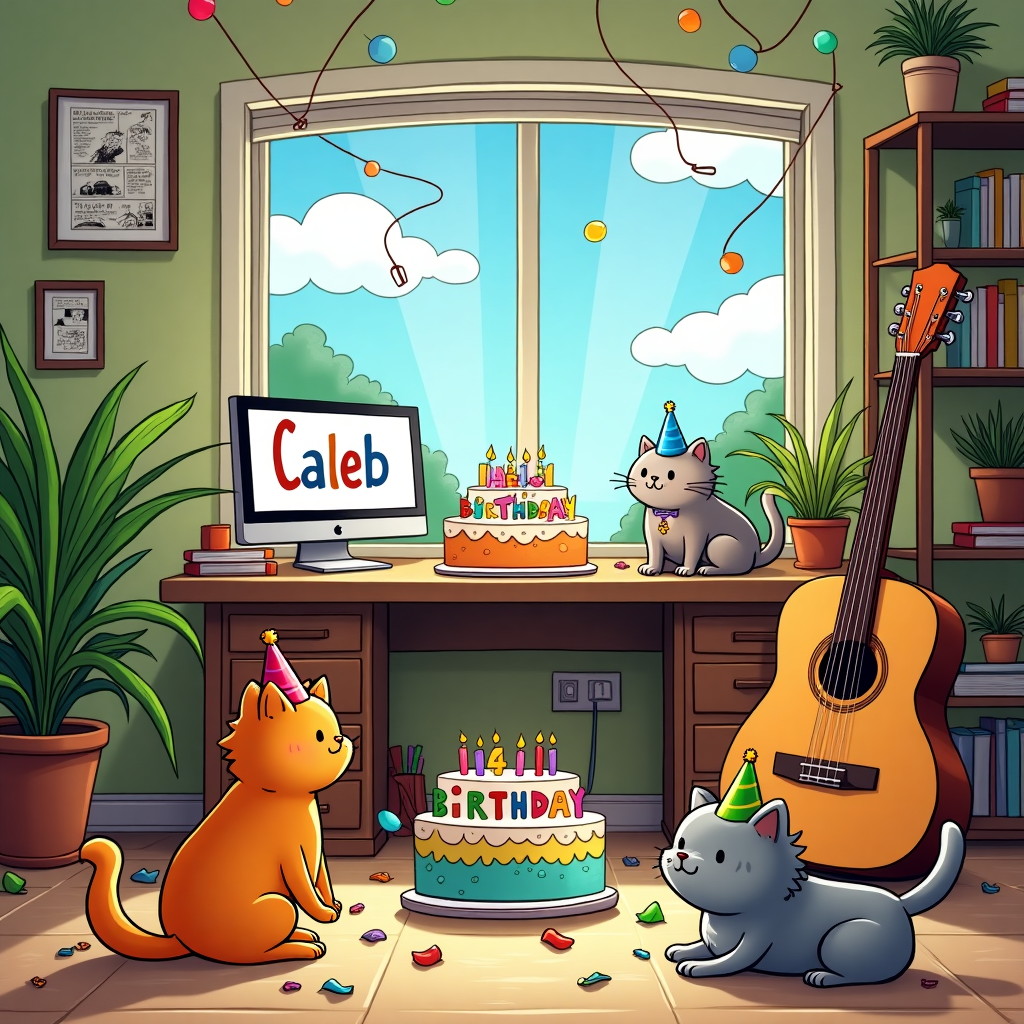 In the whimsical world of Caleb's cartoon birthday scene, picture a lively home office that's been taken over by a birthday bash! At the center of the room sits a cheerful birthday cake with vibrant icing that spells out "Happy Birthday, Caleb!" in bright, rainbow colors. Surrounding this cake are three cats, two fluffy orange ones and one sleek gray feline, all wearing tiny party hats tilted humorously atop their heads. They're playfully batting at colorful streamers that dangle from the ceiling. On the floor, an adorable baby, dressed in a tiny suit with a festive bowtie, is gleefully crawling towards a shiny, acoustic guitar leaning against a bookshelf. The guitar's strings seem to hum with anticipation, as if ready to join the party with a tune. The home office is teeming with greenery, with lush potted plants placed strategically on a wooden desk cluttered with whimsical trinkets and a computer screen that displays a cartoon of Caleb's name in bold, block letters. The walls are adorned with a mix of framed comic strips, subtly nodding to the likes of Calvin and Hobbes and Peanuts. To complete this charming scene, the large window shows a sunny sky where fluffy clouds have amusingly taken the shape of Caleb's name, adding a touch of magic to this delightful birthday celebration.
Generated with these themes: home office, surrounded by orange and gray cat, a baby, a birthday cake , plants, and guitar.
Made with ❤️ by AI.