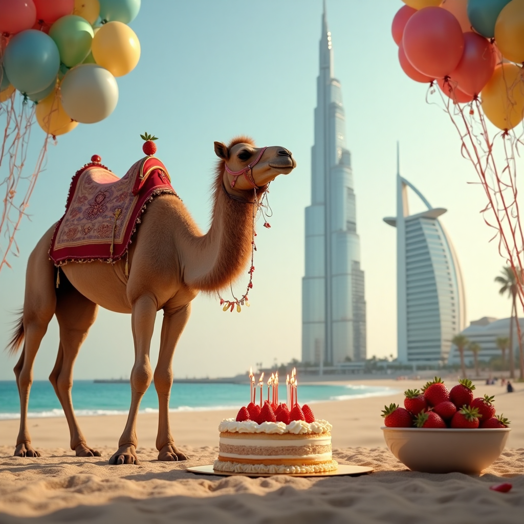 At the bottom of the Photorealistic picture taken from a camera image, **Happy 21st Birthday in Dubai Maisie**.

---

Imagine a breathtaking scene with the iconic Atlantis Hotel nestled on the Palm, the mighty Burj Khalifa piercing the sky, and the sail-like silhouette of Burj Al Arab gracing the horizon. In the foreground, a majestic camel stands calmly, its sandy tones perfectly blending with the sunlit landscape. 

Nearby, a traditional birthday cake stands elegantly on a golden platter, adorned with candles that flicker like little stars in the warm Dubai breeze. Beside the cake, a bowl brimming with ripe, juicy strawberries adds a splash of vibrant red. 

Decorative "21st" banners gently sway in the breeze, complemented by clusters of colorful balloons floating playfully above, creating a festive atmosphere that speaks volumes of celebration. 

The scene is captured in stunning ultra-high-definition 4K, with precise lighting that enhances every detail and texture, from the grandeur of the architecture to the intricate patterns on the camel's saddle. The rich depth of field brings a lifelike quality, making you feel as though you're truly standing there, soaking in the splendor of Dubai on this special day.
Generated with these themes: Dubai, atlantic hotel, , The palm, burj khalifa , Burj al arab, camel,, Traditional birthday cake, bowl of strawberries, 21st banners and balloons , and .
Made with ❤️ by AI.
