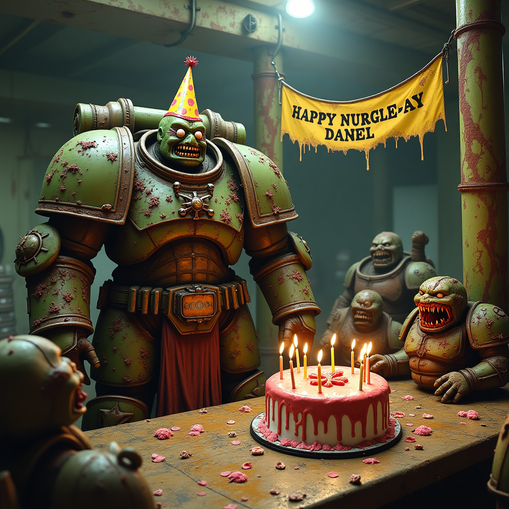 At the top of the realistic photograph image: "Happy Nurgle-Day, Daniel – May your decay be delightfully birthday-festive!"

**Prompt:**  
A highly detailed, realistic photograph-style image of a birthday party scene inside a grimy, rust-covered Death Guard battleship. A towering, grinning Plague Marine in full power armor, splattered with ichor and covered in pox-ridden fungi, is cheerfully blowing into a party blower. He wears a birthday hat that's hilariously too small for his helmet. Nearby, Nurglings are gleefully tossing infected confetti into the air and one is bringing a lumpy, mold-covered birthday cake shaped like a Nurgle symbol, complete with lit, ooze-dripping candles. In the background, there’s a banner made of rotting flesh that says “HAPPY NURGLE-DAY, DANIEL” strung between two corroded pillars. The whole scene is both gross and oddly festive – a grimdark celebration bursting with plague-fueled cheer.
Generated with these themes: Warhammer Death guard.
Made with ❤️ by AI.
