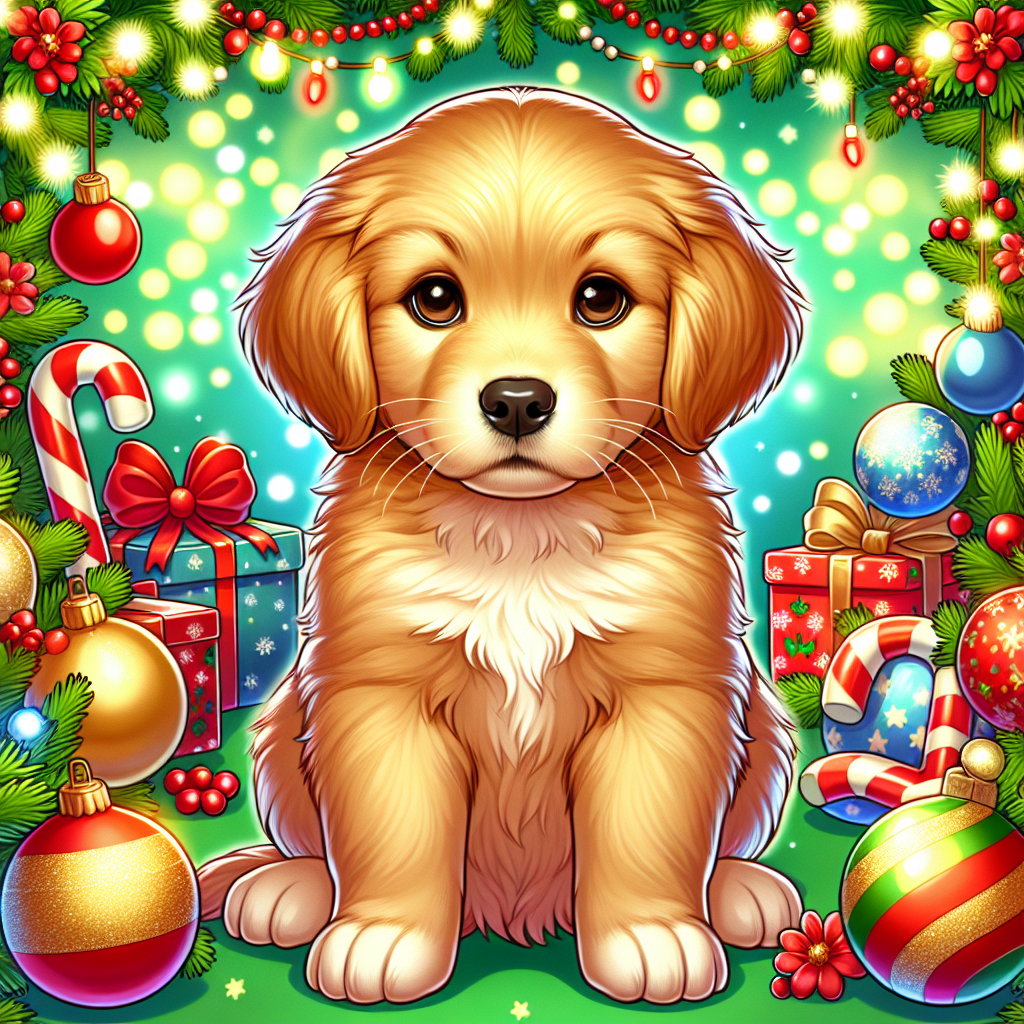 Create an image of a charming Christmas-themed cartoon scene. At the center of this scene, there's a delightful golden retriever puppy. The puppy showcases its normal build, enhanced by its attractive fluffy golden coat that shines against the festive backdrop of green and red Christmas elements. The twinkle from the surrounding Christmas lights is reflected in its softly radiant brown eyes. Despite being encircled by a variety of festive ornaments, the puppy clearly stands out as a young dog and not a kitten or older pet. Its pure innocent expression masterfully encapsulates the heartwarming joy of the holiday season.
.
Made with ❤️ by AI.