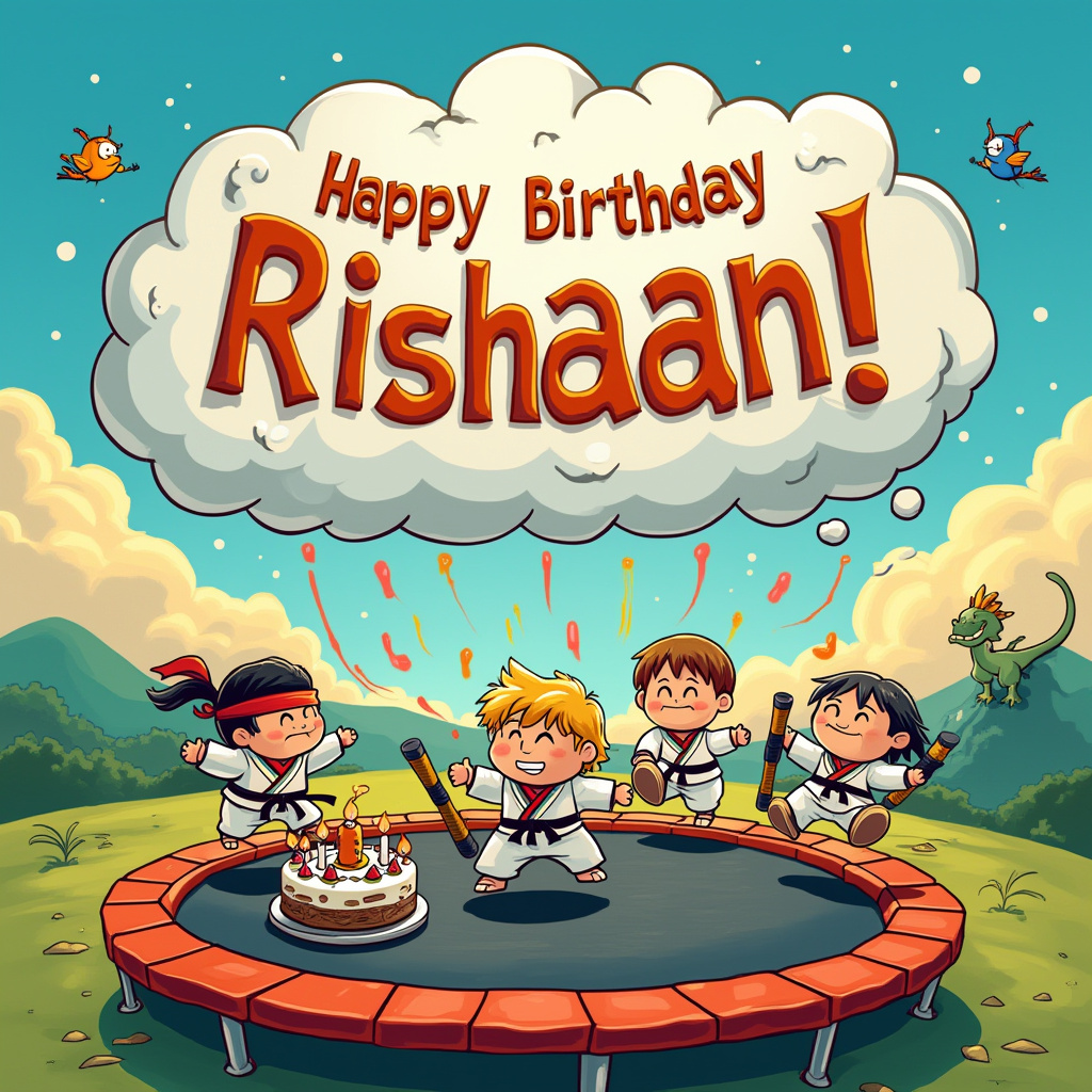 In this vibrant and action-packed birthday card design, the scene unfolds in a lively dojo set amidst a fantastical landscape of rolling hills and bright, fluffy clouds. At the center of the scene is a large, colorful trampoline where a small group of enthusiastic Ninjago-like characters, sporting traditional taekwondo uniforms with quirky, oversized belts, are energetically bouncing around. Each character has a distinct feature: one with a bright red headband and expressive eyes reminiscent of Bill Watterson's Calvin, another with a cheeky grin akin to Charles Schulz's Snoopy, and a third with large, manga-inspired eyes, paying homage to Osamu Tezuka.

Above the trampoline, the clouds form whimsical shapes, including a dragon with a playful expression. The largest cloud spells out "Happy Birthday Rishaan!" in bold, playful letters, with the "R" and "N" cleverly shaped like nunchucks swinging in the breeze. To the side of the trampoline, a Peanuts-style character with a round head and a joyful smile is attempting to practice taekwondo kicks, his movements exaggerated and comically awkward, much like the physical humor found in Gary Larson's The Far Side.

Nearby, a small table holds a delightful birthday cake shaped like a traditional taekwondo dobok, complete with black belt detailing in icing. Candles on the cake flicker brightly, ready for Rishaan to make a wish. A few tiny, mischievous cartoon birds, inspired by Hergé’s whimsical style, flit around the scene, adding a touch of dynamic movement as they attempt to peck at the cake.

In the background, vibrant hills echo the dreamy landscapes of Winsor McCay’s Little Nemo, while subtle lines suggest a serene, gentle breeze, reminiscent of Will Eisner's fluid illustrations. This bustling, whimsical tableau is sure to delight and entertain, capturing the essence of an unforgettable birthday adventure for Rishaan.
Generated with these themes: Taekwondo , Ninjago, and Trampoline .
Made with ❤️ by AI.