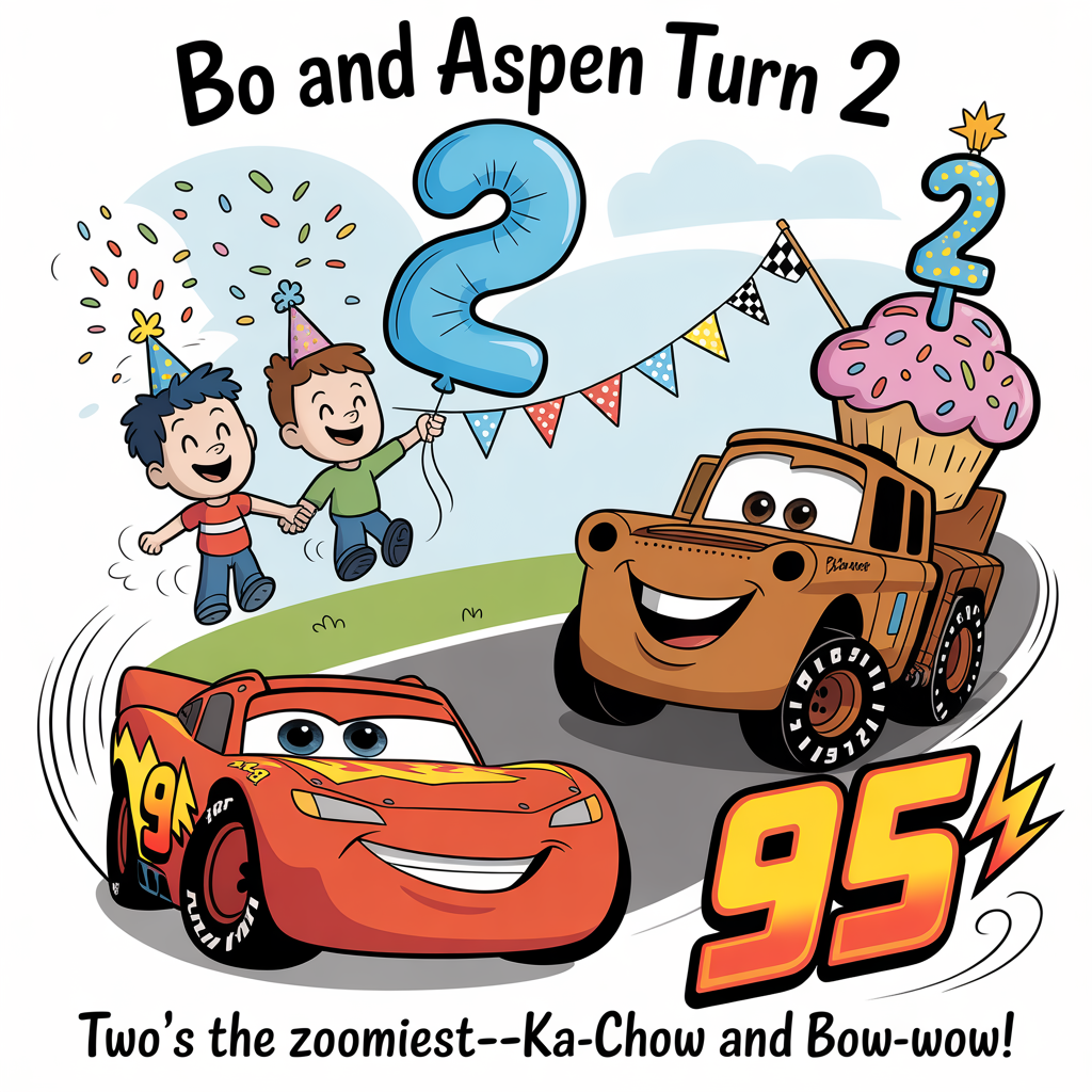 At the top of the Cartoon Style image, "Bo and Aspen turn 2"

At the bottom of the image, "Two's the zoomiest—Ka-chow and bow-wow!"

Playful, cute Cartoon Style scene with thick outlines, bright saturated colors, and whimsical, energetic poses: A sunny racetrack-meets-backyard party. Center-left, Bluey and Bingo bounce in mid-air wearing tiny party hats, showering rainbow confetti; they’re holding a shiny, sky-blue number 2 balloon. Center-right, Lightning McQueen skids into a cheerful hero pose, red paint gleaming, lightning bolt and “95” zipping by with swoosh lines. On the right, Mater rumbles in, winking, towing a giant sprinkle cupcake topped with a sparkling “2” candle. Checkered-flag bunting, star balloons, and swirls of motion tie it together. Soft sunshine, candy-colored palette, chunky sticker-like shapes, and big smiles everywhere. Clear space behind the top and bottom text for readability.
Generated with these themes: Bluey, Bingo, Lightening McQueen, Mater, and .
Made with ❤️ by AI.