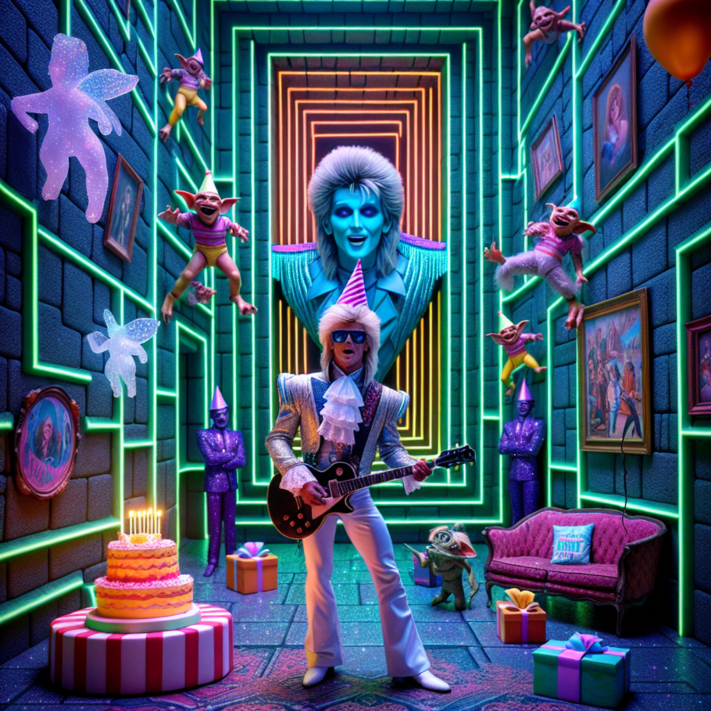 Imagine a lively and comical depiction of a birthday party occurring inside a neon-lit maze reminiscent of the 80s. The towering walls of the labyrinth are festively decorated with vintage patterns. In the middle stands a charismatic performer with distinctive 80s glam rock style, strikingly similar to a certain Goblin King character from a famous movie, strumming a guitar and charmingly serenading the birthday guest of honor. The guest is fashionably sporting an old-fashioned party hat. Additionally, sparkling, floaty crystals and cheery goblins creatively peek out from behind the birthday cake and presents, adding an enchanting touch to the composition.
Generated with these themes: Labyrinth, 80s , and David Bowie.
Made with ❤️ by AI.
