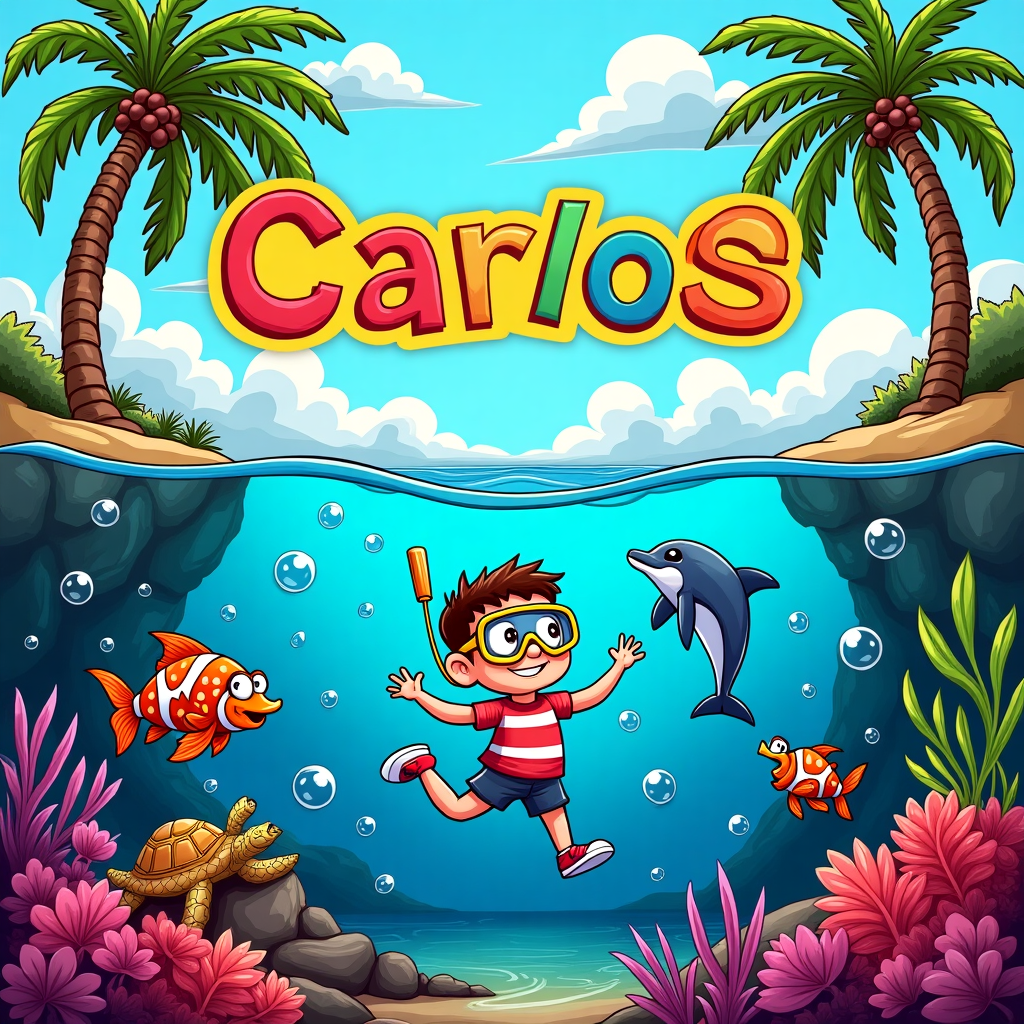 In this vibrant and whimsical thank-you card design, imagine a delightful underwater scene near the coast of Bali, bursting with color and playful cartoonish features. The foreground is dominated by a cartoon character with exaggerated features — think large, expressive eyes and a comically oversized diving mask. The character, with a cheeky smile, is in mid-dive, arms wide open as if ready to embrace the colorful marine world below.

Surrounding this character are an array of cartoon-style marine creatures: a quirky, smiling manta ray with a polka-dot pattern, a vibrant clownfish with exaggerated, expressive fins, and a cheeky turtle wearing oversized, round glasses, all rendered in bright primary colors reminiscent of a comic strip.

The background features the picturesque cliffs of Bali, illustrated with exaggerated, swooping lines that add an animated flair. Coconut palm trees sway dramatically on the cliffs, their leaves rendered in a bold green palette. Above the scene, the sky is a vivid, cartoonish blue, dotted with fluffy, white clouds that have a hint of pastel pink around the edges for a warm touch.

In the ocean, bubbles are rising in comical, oversized shapes, adding a sense of buoyancy and fun to the scene. Among these bubbles, a playful dolphin leaps out of the water, its body outlined with a thick, black cartoon line, a nod to the comic styles of Schulz and Eisner.

To add a personalized touch, a colorful banner is draped between two coconut palm trees on the cliffs, with the name "Carlos" written in large, cheerful, comic-style letters. The letters are multicolored, each one a different shade, creating a rainbow effect that complements the vibrant underwater scene.

Overall, this design is a dynamic and humorous celebration of both the wonders of diving and the beauty of Bali, with each element meticulously rendered in a style that pays homage to the masters of classic and contemporary comics.
Generated with these themes: Diving, and Bali.
Made with ❤️ by AI.