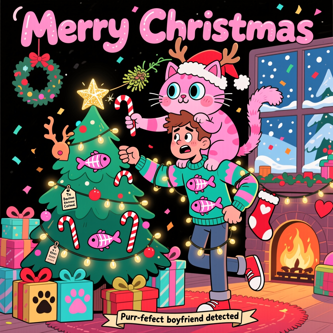 At the top of the Cartoon Style image, Merry Christmas

A funny, vibrant holiday cartoon scene with exaggerated proportions, thick black outlines, and bright saturated colors: a bubblegum-pink cat with huge sparkly eyes, chubby cheeks, and an oversized droopy Santa hat is perched on the boyfriend’s shoulders as they decorate an over-the-top Christmas tree. The boyfriend—a cheerful young man—wears a goofy ugly sweater covered in pink fishbones and candy-cane stripes, plus reindeer antlers; he’s tangled in twinkly lights, balancing on tiptoes with a comically worried grin. The pink cat’s fluffy tail dangles a sprig of mistletoe above his head while she reaches out with a candy cane to pop a glittery star onto the tree. Piles of presents with paw-print tags sit around them; one tiny tag reads: To: Boyfriend. Cozy living room vibes: glowing fireplace, stockings (one with a paw print, one with a heart), snow swirling outside the window, and confetti-like sparkles in the air. Whimsical, energetic poses; chunky cel-shading; candy reds and greens, bubblegum pinks, icy turquoise, and warm gold glows. Hand-letter the top text in playful bubble letters. Add a small cheeky line at the bottom on a ribbon: Purr-fect boyfriend detected.
Generated with these themes: Pink cat , Boyfriend , and .
Made with ❤️ by AI.