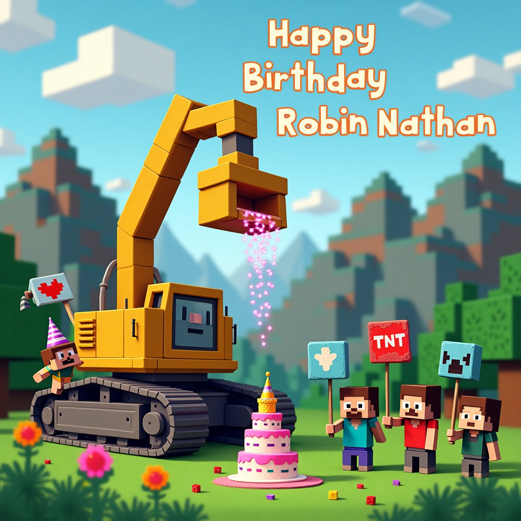 In this whimsical birthday scene, we dive into a vibrant, fantastical world where the blocky aesthetic of Minecraft meets the charming chaos of a birthday celebration. At the center of the scene stands a colossal excavator made entirely from Minecraft blocks, its mechanical arm extended high, gently lowering a gigantic, pixelated birthday cake onto a patch of grassy terrain. The cake is an impressive three-tiered structure, each layer boasting a different bright hue, and it's topped with a cascade of sparkling digital candles.

Behind this playful construction vehicle, a backdrop of Minecraft mountains looms, constructed from various shades of green and brown blocks, perfectly capturing the distinctively pixelated landscape. Fluffy square clouds float in the sky above, one of which spells out "Happy Birthday Robin Nathan" in blocky, white letters, whimsically arranged to mimic the whimsical pixel text from the game.

In the foreground, a group of Minecraft characters—resembling villagers, complete with their pixelated, blocky features and simple attire—are joyously gathered around the cake. Some of them hold brightly colored pixel balloons shaped like TNT blocks, and others wave square-shaped party flags. To add a humorous touch, a tiny, mischievous creeper character peeks from behind the excavator's tracks, donning a comical party hat perched on its angular head.

Around the excavator, pixelated flowers in exaggerated colors—red, yellow, and blue—dot the grassy scene, providing a pop of vivid color against the earthy tones of the Minecraft world. Near the edge of the card, an inventory bar, like the ones in Minecraft, displays festive items such as a pickaxe, a cupcake, a block of TNT, and a party hat, seamlessly tying together the card's unique thematic elements.
Generated with these themes: MineCraft, Excavator, and Cake.
Made with ❤️ by AI.