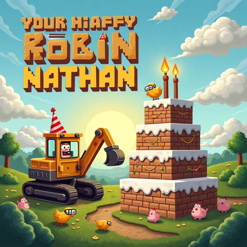 In the whimsical world of our birthday card, imagine a Minecraft landscape with pixelated blocks forming a rolling, grassy terrain under a sky made of square clouds, some of which spell out "Happy Birthday Robin Nathan" in playful block letters. In the foreground, an excavator with exaggerated cartoon features—a smiling face, googly eyes on its front, and a party hat perched on its cab—digs enthusiastically into the blocky earth. Its metallic arm reaches towards a giant Minecraft-styled birthday cake. The cake itself is a marvel; it features several tiers, each made from different Minecraft blocks—wood, stone, and even diamond ore—with frosting represented by a thick layer of pixelated white snow blocks. Perched atop the cake is a little Minecraft character, wearing a party hat and holding a candle shaped like the number of Robin Nathan's birthday. Around the scene, a few chickens and pigs, rendered in charming, Beatrix Potter-esque detail, wander about wearing tiny festive bows, adding to the joviality. In the background, a distant pixelated sun is setting, casting an enchanting golden hue reminiscent of Maxfield Parrish, while vines hang from blocks in the style of a Maurice Sendak drawing. The name "Robin Nathan" subtly emerges again, cleverly worked into the pattern of a cloud formation, ensuring it's a birthday message that's impossible to miss. This scene brings together the enchantment of Minecraft, the fun of an excavator at work, and the deliciousness of a birthday cake, all in a uniquely illustrated homage to a day of celebration.
Generated with these themes: MineCraft, Excavator, and Cake.
Made with ❤️ by AI.