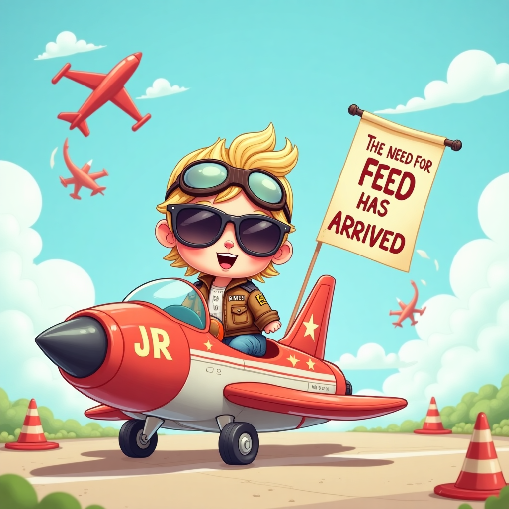 **Prompt:**  

Create a colorful, cartoon-style image featuring a baby girl dressed as a tiny, adorable fighter pilot from *Top Gun*. She’s wearing oversized aviator sunglasses, a miniature bomber jacket with "MAVERICK JR." embroidered on the back, and she’s sitting in a toy fighter jet that’s parked in a nursery runway (think pacifiers and teddy bears lining the sides like air traffic cones). Above her, a mobile spins with little jets and clouds, and a banner trails behind the jet reading: “The Need for Feed Has Arrived!” Add cheeky visual details like her flight manual being a baby bottle, and a stuffed Goose plush as her wingman in the passenger seat. Make the background sky blue with fluffy cartoon clouds for an uplifting, humorous feel.
Generated with these themes: And for a baby girl use from the movie top gun for a baby announcement.
Made with ❤️ by AI.