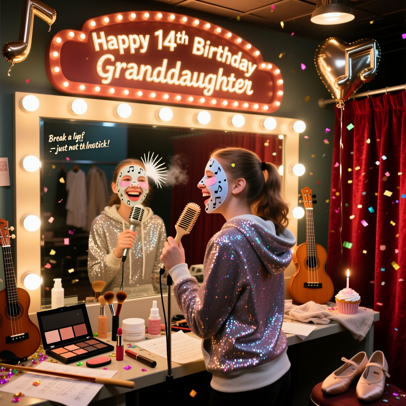 At the top of the Photorealistic picture taken from a camera image, "Happy 14th Birthday Granddaughter" glowing like a vintage theatre marquee, centered above the dressing-room mirror.

Ultra-high-definition 4K UHD photograph with accurate lighting, lifelike textures, and rich depth of field, capturing a true-to-life scene. Backstage theatre dressing room moments before showtime: warm tungsten vanity bulbs rim a large mirror; an over-the-shoulder viewpoint reveals a young performer (age-appropriate, modestly dressed in a sparkly rehearsal hoodie) grinning in the reflection. She’s mid “performance,” singing into a hairbrush-as-microphone while wearing a playful hydrating sheet mask printed with tiny musical notes and under-eye gel patches; one stray false eyelash is stuck comically to her cheek. The vanity is cluttered with performing-arts chaos: open eyeshadow palette, blush brush, lipstick uncapped, a misting cloud of setting spray catching the light, skincare jars (moisturizer, serum dropper), and a pair of tap shoes. Music and theatre cues everywhere: a ukulele leaning against the vanity, a violin on a soft cloth, scattered sheet music (no readable text), a conductor’s baton, glittering confetti, and red velvet stage curtains softly blurred in the background. Metallic balloons shaped like musical notes float near the ceiling; a tiny cupcake with a single candle sits off to one side. Realistic camera look: full-frame DSLR, 50mm lens, f/2.0, ISO 200, 1/125s; creamy bokeh, crisp detail on skin texture, sequins, and makeup powders; no brand logos, family-friendly, playful and humorous.

Optional small caption inside the image: a single lipstick scrawl on the lower-right corner of the mirror reads, “Break a leg—just not the lipstick!”
Generated with these themes: Theatre,Performing arts,music,Make up,Skincare, and .
Made with ❤️ by AI.