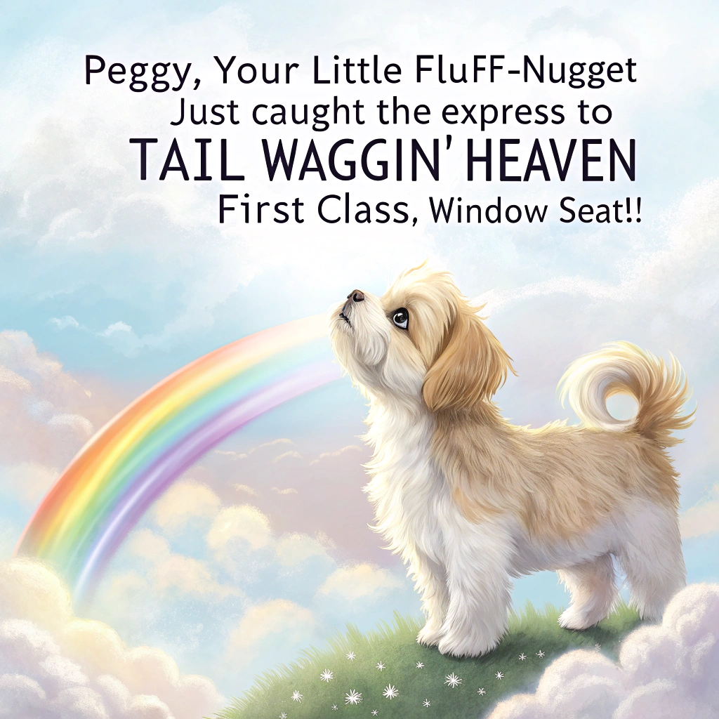 At the top of the image, "Peggy, your little fluff-nugget just caught the express to Tail Waggin’ Heaven (first class, window seat!)"

- Depict a realistic-style photograph of a small, golden and cream Shih Tzu standing at the base of a luminous rainbow bridge stretching gently into the clouds.
- The pup looks peaceful and sweet, gazing upward, ears slightly flopped, fur gently tousled by a soft breeze.
- Around the dog’s neck is a tiny heart-shaped tag that sparkles faintly.
- The background is bathed in soft golden light with warm cream and pastel pink hues.
- A scattering of subtle pawprints glows behind the Shih Tzu as if it just trotted there from another realm.
- Tiny butterflies flutter around the rainbow’s entrance, and soft white feathers float gently in the air.
- A halo-shaped sun peeks over the horizon, hinting at peace beyond.

Add at the bottom of the image: "Gone from your lap, but never your heart – fluff ever after, little one."
Generated with these themes: Gold and cream shi tzu going over the rainbow bridge .
Made with ❤️ by AI.