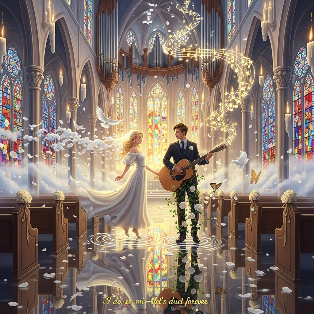 Romantic, Dali-inspired surrealism inside an otherworldly cathedral: gothic arches softly melting like candle wax, stained-glass windows dripping liquid color onto a mirror-like aisle of luminous water. Center frame: a blonde bride in a flowing ivory gown; her cloudlike veil dissolves into white doves and fluttering petals. Beside her, a brown-haired groom in a classic dark suit holds an acoustic guitar whose body gently melts into white roses and ivy; its strings spiral upward as glowing musical notes that morph into tiny stars. Floating pews, gently bending organ pipes, and candles with teardrop flames becoming constellations above. Ethereal golden rays through the stained glass, misty haze, pearlescent whites, blush pinks, warm gold, and jewel-toned reflections, romantic and dreamlike. The couple appears to hover slightly, reflected perfectly in the liquid aisle; soft ripples, drifting petals, and sheet-music butterflies around them. Composition: centered symmetrical nave, vertical portrait, wide lens, dreamy soft focus with fine detail on faces and hands, painterly texture. Include a small handwritten gold caption at the bottom center: "I do, re, mi—let’s duet forever."
Generated with these themes: Blonde bride with brown hair groom with groom with guitar and in a church, and .
Made with ❤️ by AI.