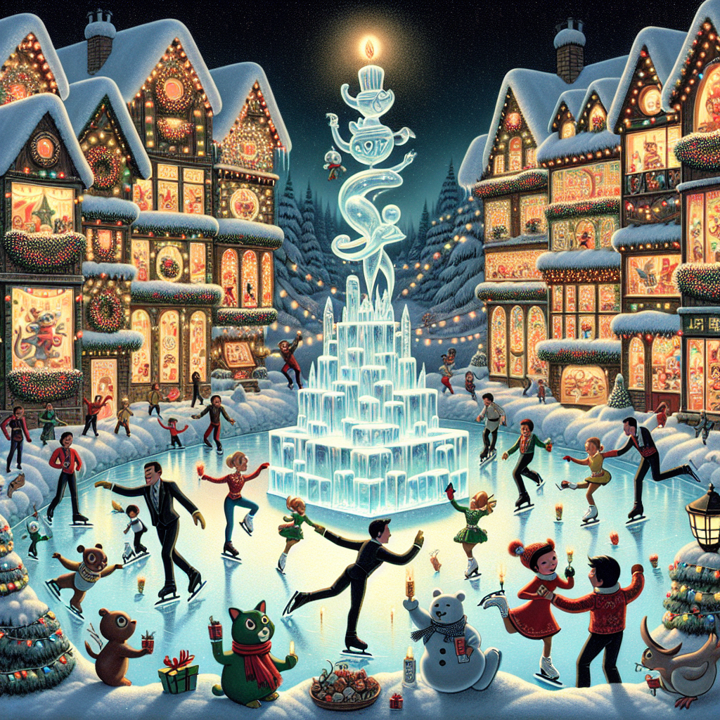 Visualize a snug, snow-covered settlement, illuminated with shimmering fairy lights hanging between the charming, gingerbread-like houses. In the forefront, a figure-skating contest is taking place on an icy lake adorned with a towering, polished ice sculpture of the Chinese character 滑冰. Each skater, a mix of Black, Asian and Hispanic individuals of various genders, is garbed in opulent, sparkling costumes. An assortment of animals spectates from the sidelines, their breath visible in the frosty air. A fervent squirrel humorously brandishes a scorecard. Amongst the buildings, stylized non-copyrighted characters are engaged in different activities such as playful snowball fights, hanging festive stockings, and garnishing Christmas trees observable through the fenestration. A rascally cat, reminiscent of a popular green holiday character but not the same, is ensnared in a chain of flickering fairy lights, casting a surprised glance towards an airborne piglet with wings, which is ascending, tethered to a profusion of psychedelic balloons. The snow-layered ground is studded with footprints and shards of ice where the environs meet the vivid cerulean sky.
Generated with these themes: 滑冰.
Made with ❤️ by AI.