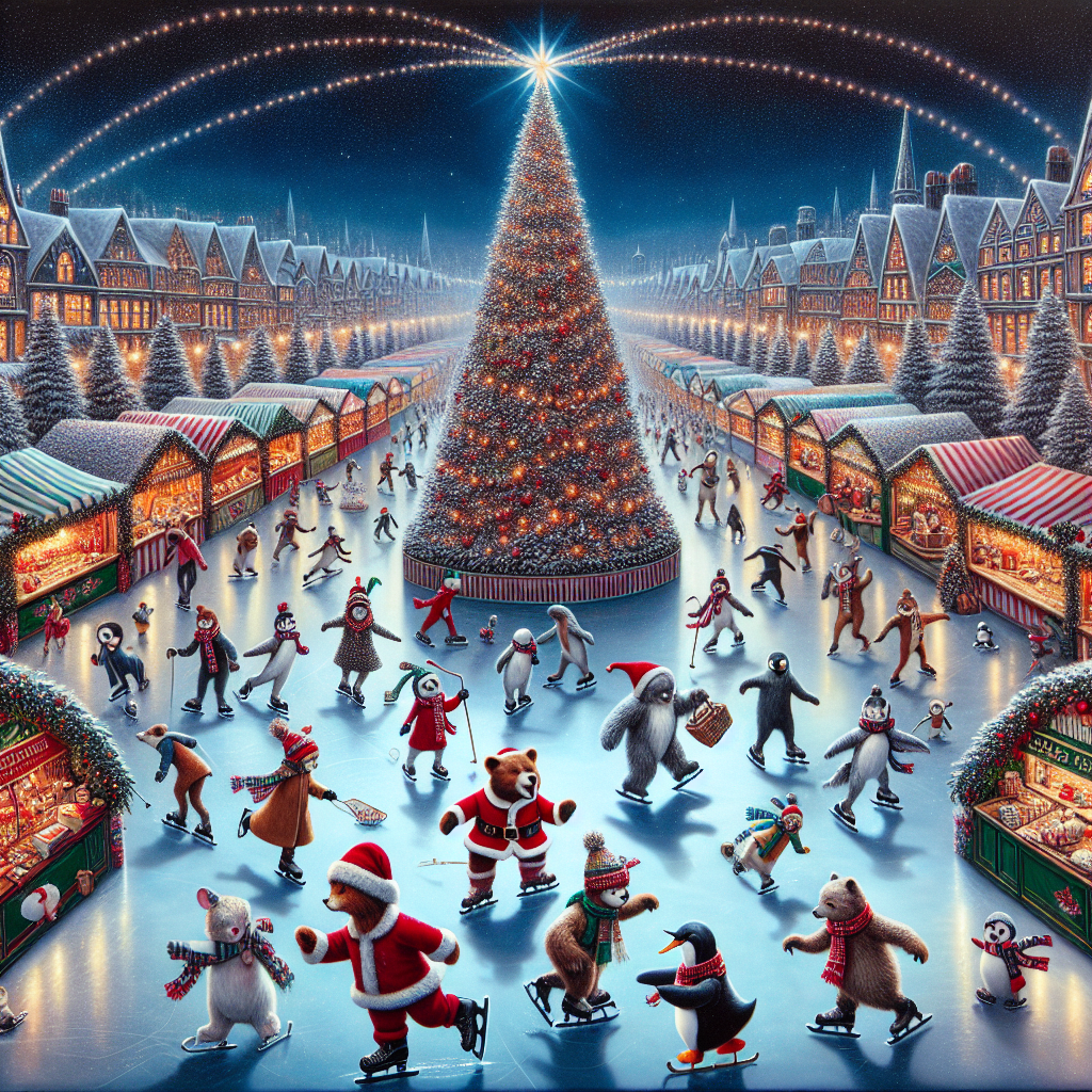 Imagine a panoramic scene of a vibrant Christmas market amidst a frosty night sky. The central attraction is a grand, meticulously decorated Christmas tree with sparkling lights and gleaming strands of tinsel. Stalls draped in festive red and green cloths offer a variety of items, including hot cocoa and handmade ornaments. Anthropomorphic animal figures, attired in cozy winter garb such as scarves, hats, and mittens, add an enchanting touch to the scene. Near the periphery, a smooth ice rink dominates the view, with the Chinese character 滑冰 (for 'ice skating') inscribed in its center. There, a mix of animals engage in jovial skating antics, with some humorously tumbling on the slippery surface. A hefty bear, robed in a Santa costume, stands out with his hearty laughter on the ice. Penguins dressed as referees, complete with whistles and striped shirts, keep a watch on the rink. Close by, animal youngsters delight in crafting a snowman, featuring a classic carrot nose and coal eyes. Above, cartoon-like reindeer with glowing red noses animate the cold sky as they tug at a sleigh.
Generated with these themes: 滑冰.
Made with ❤️ by AI.