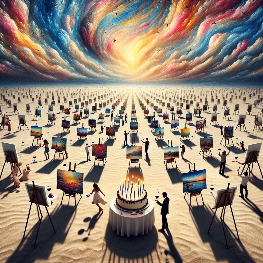 Imagine an extraordinary birthday celebration taking place on a peaceful beach where the sands are spread like a wide, clear canvas. Numerous easels are positioned in unusual angles, holding unfinished works of art blossoming with colors that challenge the norms of reality. Glimpses of anonymous guests can be seen, their forms blurred and shifting as if painted by the wind itself, lifting glasses of deep red wine in a toast under a sky swirling with dreamlike colors. In the center, a massive birthday cake teeters, its candles flickering like miniature lighthouses, guiding the participants through this otherworldly painting course celebration.
Generated with these themes: Birthday party with wine on a beach at an art class.
Made with ❤️ by AI.