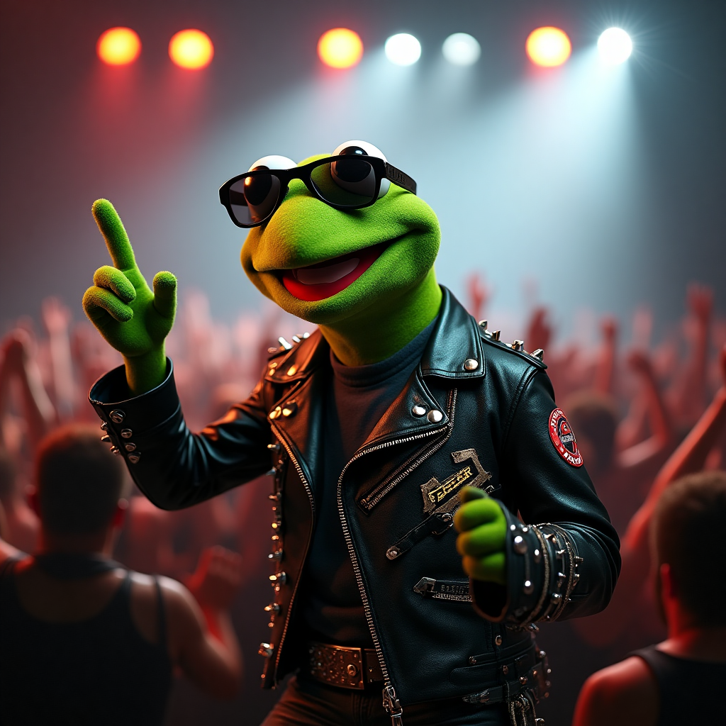 At the top of the Photorealistic picture taken from a camera image, include the text: "Happy 50th Birthday, Lee".

---

**Image Prompt:**

Create an ultra-high-definition 4K UHD photograph capturing Kermit the Frog dressed as a heavy metal fan. He is wearing a classic black leather jacket adorned with metal spikes and band patches, and a pair of sunglasses, with his signature green hand throwing up the rock and roll sign. His surroundings include a dimly lit, rock concert atmosphere, complete with a fog machine, flashing stage lights, and a crowd of cheering fans in the background. The textures of Kermit's outfit are lifelike, with the leather gleaming under the stage lights. His expression is energetic and fun, embodying the rock spirit. This image should be funny and lively, perfect for capturing the quirky essence of a 50th birthday celebration. 

At the bottom, a cheeky text reads: "Rock On, You're Halfway to a Hundred!"
Generated with these themes: .
Made with ❤️ by AI.