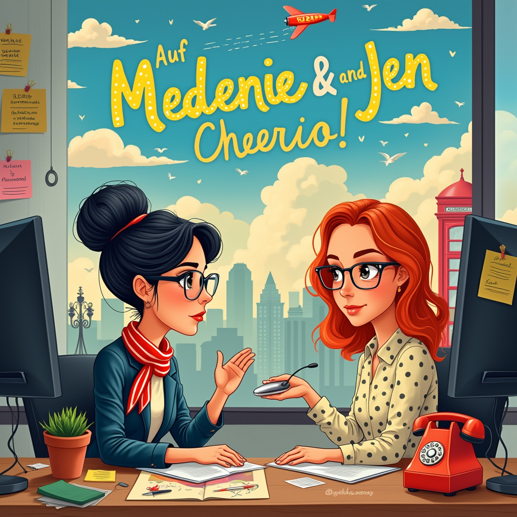 On the front cover of this quirky farewell card, imagine a vibrant, bustling office scene set under a whimsical sky painted with hues of a dreamy sunset. To the left, a German woman with striking black hair, styled into a neat bun, and stylish square-framed glasses is diligently working at her desk. Her computer screen glows softly, and a mouse is under her agile hand, ready to make another click. She's dressed in a classic pinstripe suit with just a hint of playfulness in a bright scarf tied loosely around her neck.

Next to her, to the right, sits a British woman with fiery red hair cascading down her shoulders, her glasses perched on her nose. She's adorned in a quirky polka-dotted blouse, and she's leaning slightly forward, squinting at her computer screen with a curious expression. Her mouse is poised as if she is about to execute the most crucial click of her career.

The office is filled with delightful details: a pot of tiny succulents perched on the desk, colorful sticky notes scattered about with scribbles of codes and reminders, and a vintage red telephone with its curly cord snaking across the desk. Behind them, the wall boasts a large poster with a bold farewell message: "Auf Wiedersehen & Cheerio!" written in vibrant letters, intertwined with tiny doodles of a black forest cuckoo clock and a classic red British telephone booth.

In the sky, amidst fluffy, cartoon-like clouds, the names "Melanie and Jenny" are whimsically drawn, spelled out by a skywriting airplane with a cheerful pilot waving out the window. Below, a group of tiny caricature colleagues can be seen waving goodbye from a miniature office party, holding tiny banners and blowing farewell kisses.

The whole scene is a delightful blend of meticulous office reality and playful, imaginative fantasy, perfect for a humorous farewell card that captures the essence of teamwork and friendship across cultures.
Generated with these themes: A german woman with black hair and glasses and a british woman with red har and glasses both working at a computer clicking on the mouse.
Made with ❤️ by AI.