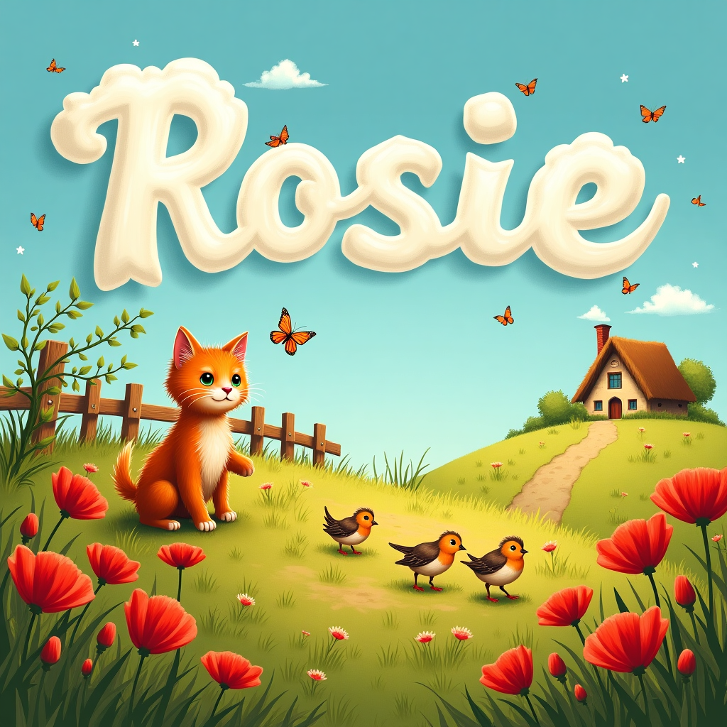 In this enchanting greeting card illustration, the scene unfolds in a sun-kissed meadow brimming with vibrant poppies that sway gently in the breeze. Each poppy's petals radiate a brilliant scarlet hue, contrasting beautifully against the lush emerald grass that blankets the earth. Nestled among the poppies, a delightful ginger cat with its fur glowing like the sunset, playfully chases after a fluttering butterfly. Its whiskers twitch with excitement, and its emerald eyes are wide with curiosity. The meadow is bordered by a rustic wooden fence, over which tendrils of ivy creep lazily, adding an element of rustic charm to the scene.

In the background, a cluster of fluffy white clouds drifts lazily across a cerulean sky, each cloud shaped in a way that whimsically forms the letters of the name "Rosie." The name is spelled out as if by nature itself, with the "R" curling gracefully like a wave, the "o" perfectly round, and the "s," "i," and "e" trailing off in delicate, wispy forms that seem to dissolve into the azure backdrop.

A family of quail wanders through the poppies, the mother leading her chicks with tender care, symbolizing the new life celebrated by the card. Meanwhile, a small, quaint cottage with a thatched roof peeks out from behind a distant hill, its chimney puffing out a gentle wisp of smoke. This serene and idyllic setting is completed with a whimsical touch inspired by Beatrix Potter, capturing the essence of celebration and new beginnings in a way that will bring joy to the recipient, Rosie.
Generated with these themes: Meadow with poppies, and Ginger cat.
Made with ❤️ by AI.
