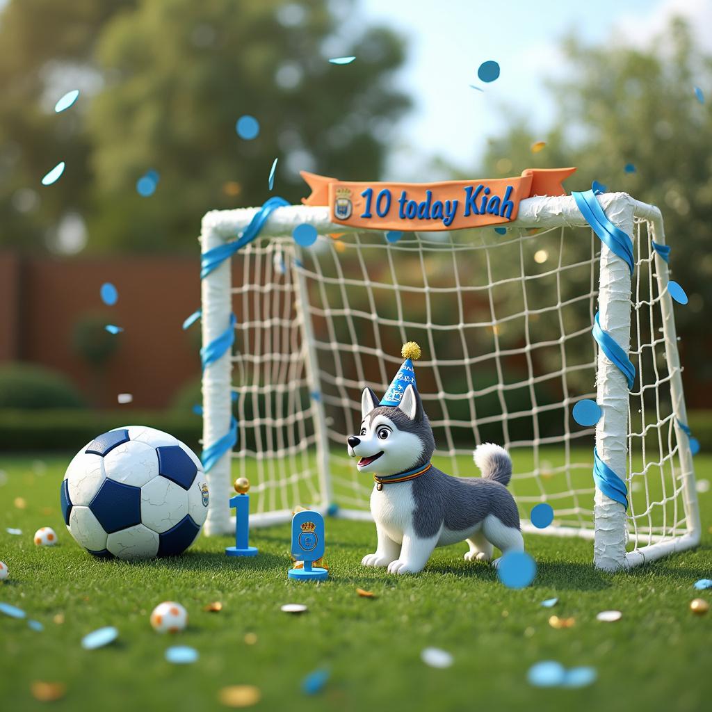 The scene opens on a manicured lawn resembling a soccer pitch with exaggerated, cartoonish features. The centerpiece is an ornate birthday goalpost, with crossbars made of sugary fondant, where a banner reading '10 today Kiah' waves in the faux breeze. A comically oversized soccer ball lies near one of the corners, doubling as a pinata, with ribbons in sky blue and navy hinting at Manchester City's colors. Standing next to it is a fluffy cartoon husky, donning a jester's collar with bell tips jingling merrily, and a party hat with 'Kiah's Squad' emblazoned on it. On the husky's back is a miniature soccer field with figurines passing a ball, marking the celebratory number '10'. In the background, confetti shapes like tiny jerseys and cleats lightly rain down across the scene.
Generated with these themes: Soccer, Manchester, husky.
Made with ❤️ by AI.