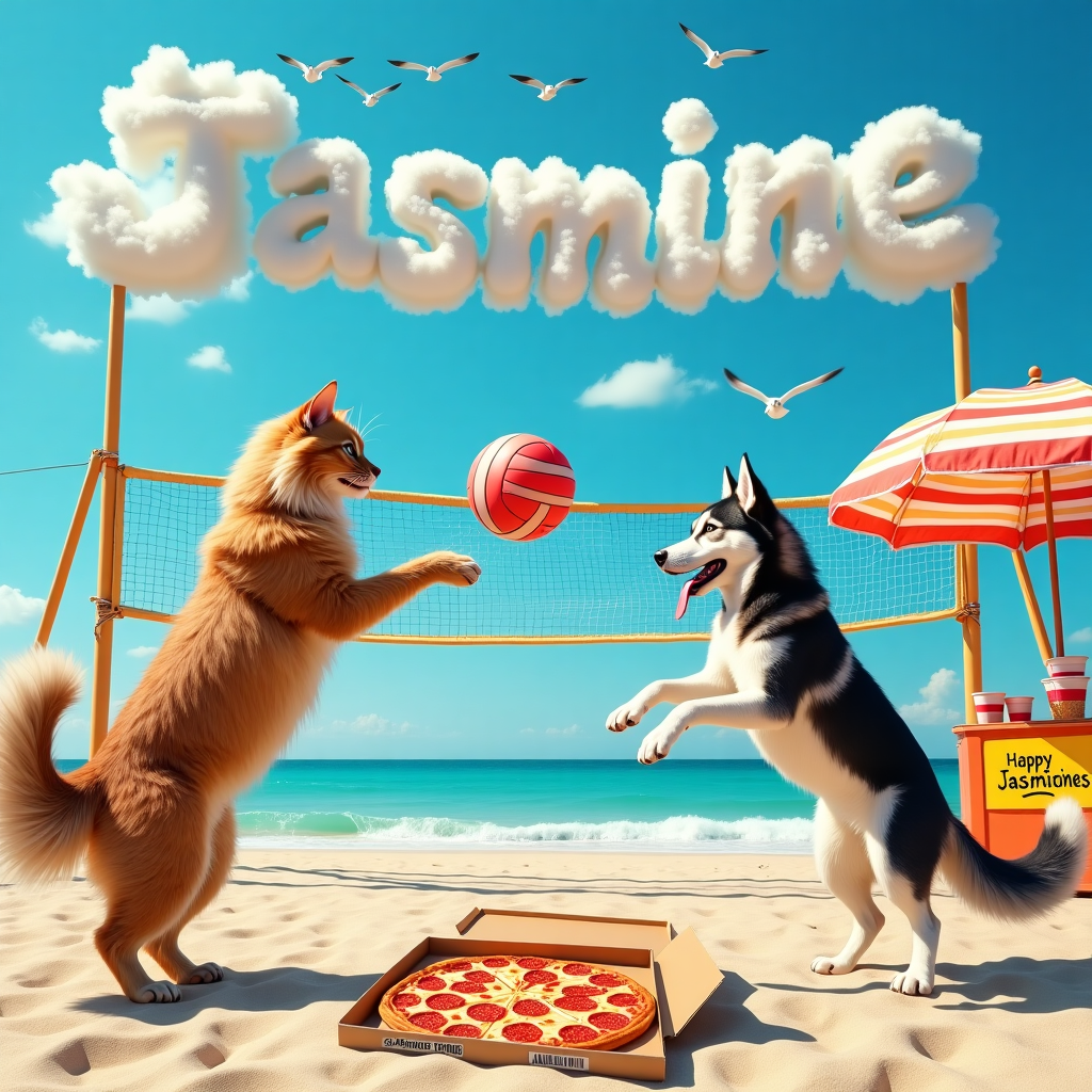 In a bustling beach volleyball court under a dazzling blue sky, the scene comes alive with unexpected players. A majestic Maine Coon cat, with its luxurious coat gleaming in the sun, stands poised on its hind legs, preparing to serve a vibrant volleyball with its fluffy paw. Opposite the Maine Coon, a playful Husky is mid-leap, ears flapping and eyes fixed intently on the ball. Its tongue lolls out in excitement as sand flies beneath its paws. In the center of the court, there's a quirky twist—a life-sized cardboard cutout of Spiderman is positioned, as if it's ready to jump in and save the day. A pizza box lies open next to the net, revealing a gooey cheese pizza topped with pepperoni slices shaped like mini volleyballs. Nearby, an ice cream cart with a colorful striped canopy waits on the sidelines. Its counter displays a variety of cones and tubs, one labeled with a handwritten sign saying "Jasmine's Special" in a swirl of bright letters. High above this whimsical game, fluffy white clouds in the sky have taken the shape of the name "Jasmine," with seagulls flying through the letters. A "Happy Birthday" banner flutters from the volleyball net, adding a festive touch to this surreal yet joyful celebration.
Generated with these themes: Maine Coon, Husky, Volleyball, Pizza, Ice Cream, and Spiderman.
Made with ❤️ by AI.