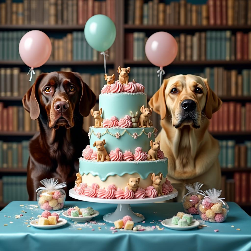 Labradors , Cake, Balloons, Books, and Turkish delight Birthday Card