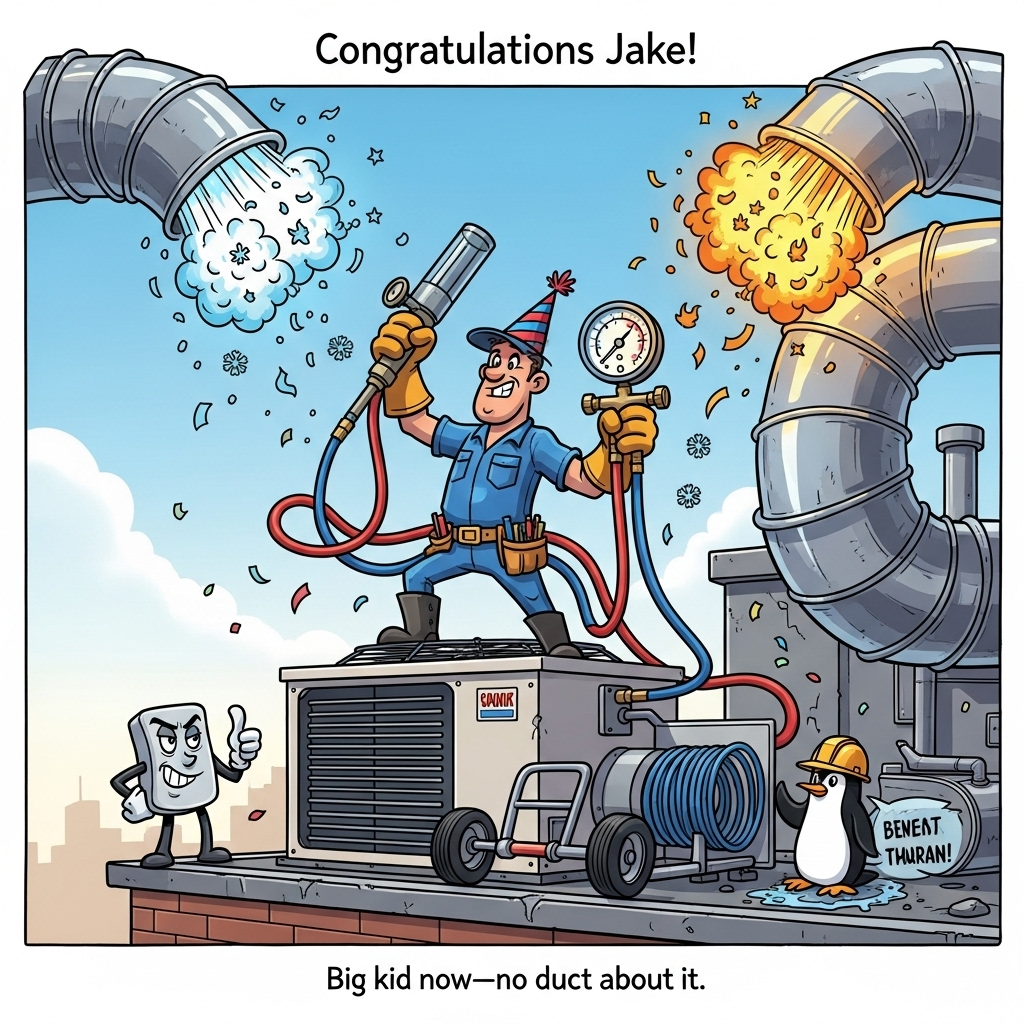 At the top of the Cartoon Style image, "Congratulations Jake!"

Full-bleed, portrait composition in a playful Cartoon Style: On a sunny rooftop, a newly minted HVAC journeyman strikes a heroic, slightly sarcastic pose atop an oversized condenser unit wearing a party hat. He’s got comically big gloves and boots, a bulging tool belt, and he hoists an enormous manifold gauge like a trophy; red and blue hoses spiral around him like party streamers. Shiny chrome ducts twist overhead like balloon animals—one puffing icy blue frost confetti and snowflake sparkles, the other wafting warm orange swirls with tiny flame-shaped confetti. At his feet, a pair of ridiculous “training wheels” just removed from the unit wobble away, nodding to “big kid now.” A cheeky anthropomorphic thermostat on the roof curb gives a smug side-eye and sarcastic thumbs-up, while a tiny penguin in a hard hat shivers proudly next to a coil. Exaggerated proportions, thick black outlines, bright saturated colors (teals, cobalt, cherry red, lemon yellow), glossy highlights, energetic poses, and bouncy motion lines. Add subtle halftone shading and confetti drifting through the scene.

Small caption at the bottom: "Big kid now—no duct about it!"
Generated with these themes: Refrigeration, Hvac, Journeyman, Big kid now, Sarcastic, and .
Made with ❤️ by AI.