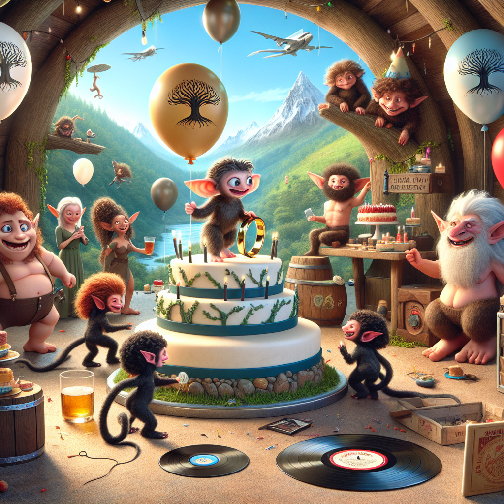 The image portrays a charming and animated style interpretation of an elven valley, akin to Rivendell, where fantastical beings of elvish origin, both male and female of various descents such as Caucasian, Black and Hispanic, are busily preparing for a cheerful celebration. Carefully tucked away in the scene, a naughty, ring-obsessed creature can be seen holding a vinyl record from a pop-punk genre band. Floating overhead are festive balloons imprinted with the symbol of a revered, historical tree, reminiscent of the White Tree of Gondor. Dominating the festive spread, a centerpiece cake is designed to appear like an iconic, cozy domicile typically associated with hobbit architecture, with detailed frosting embellishments for added charm.
Generated with these themes: Lord of the rings, and Blink 182.
Made with ❤️ by AI.