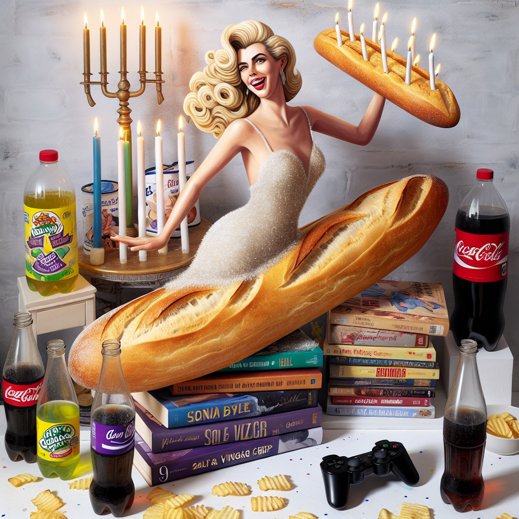 In this whimsical birthday-themed illustration, a tall, slender, blonde-haired woman, notable for her glamorous style, is depicted with a joyous expression, using a crusty baguette as a makeshift surfboard. The surrounding space is playfully cluttered with soda bottles and salt and vinegar flavored crisp packets. A pile of colorful, well-worn romance novels adds a literary touch to the scene, while a modern video game console with controllers awaits someone to pick up and play, completing the festive and fun ambiance.
Generated with these themes: Taylor swift riding a baguette, Irn Bru , Walkers salt and vinegar crisps , Gay romance novels, and Gaming on the PS5 .
Made with ❤️ by AI.